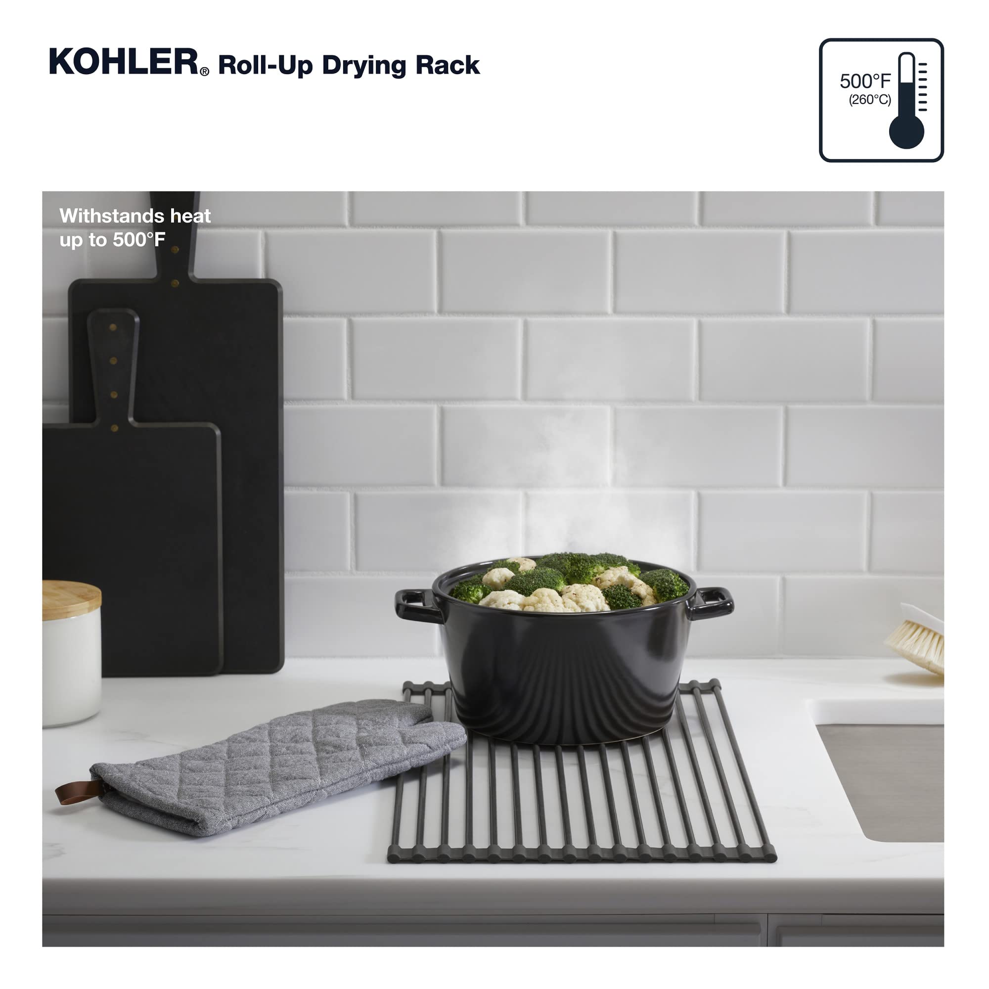 KOHLER Foldable Dish Drying Rack, Silicone Sink Kitchen Mat, Charcoal, Model 28929-CHR