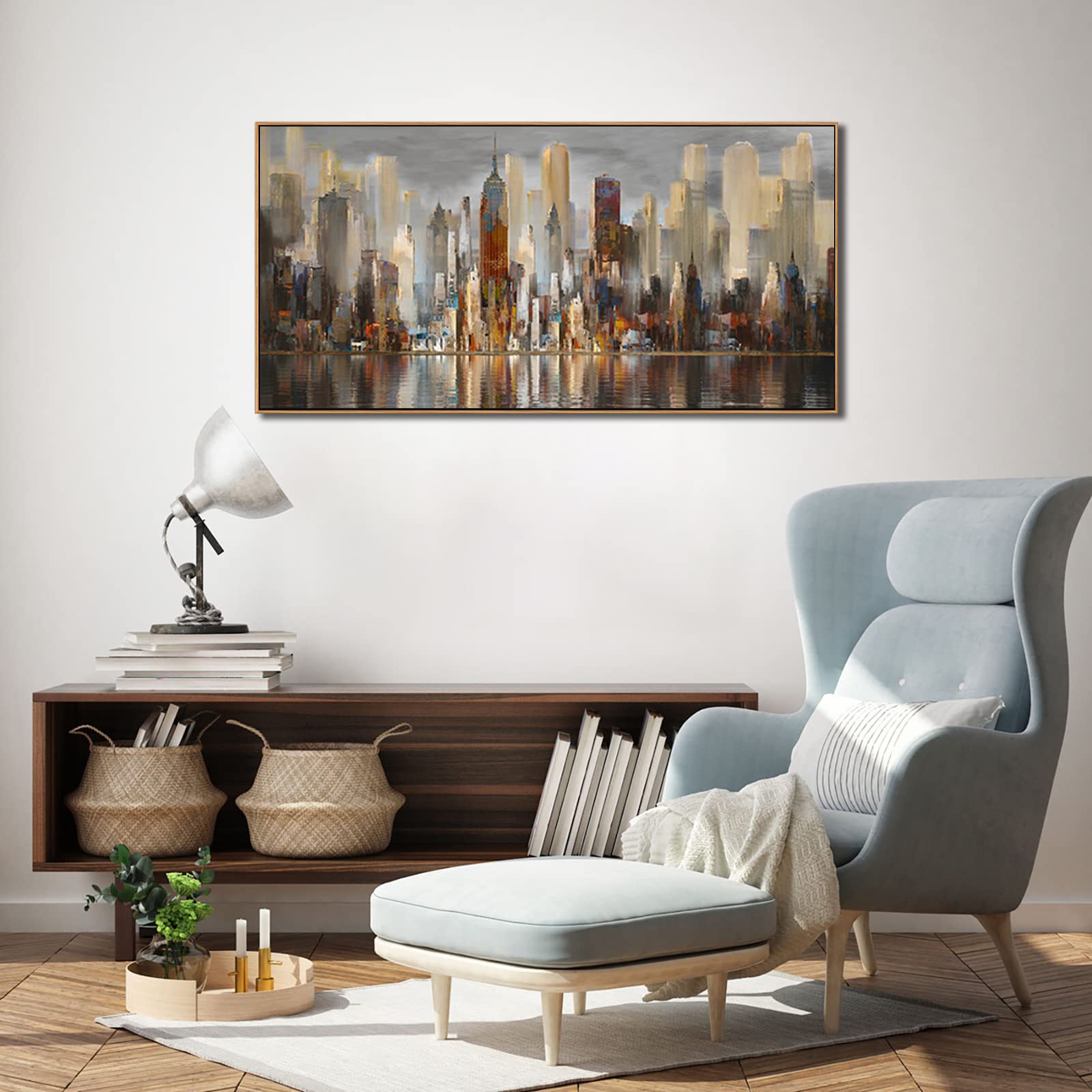 Living Room Wall Decoration, Large City Landscape, New York Wall Decoration, Abstract Brown Theme Painting, Bedroom Modern Canva