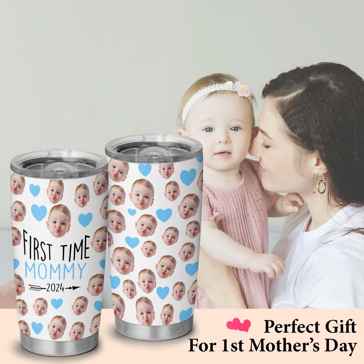 Personalized First Mothers Day Gifts For Mom, New Mom - New Mom Gifts Custom Face Baby, Daughter, Son - Insulated Stainless Stee