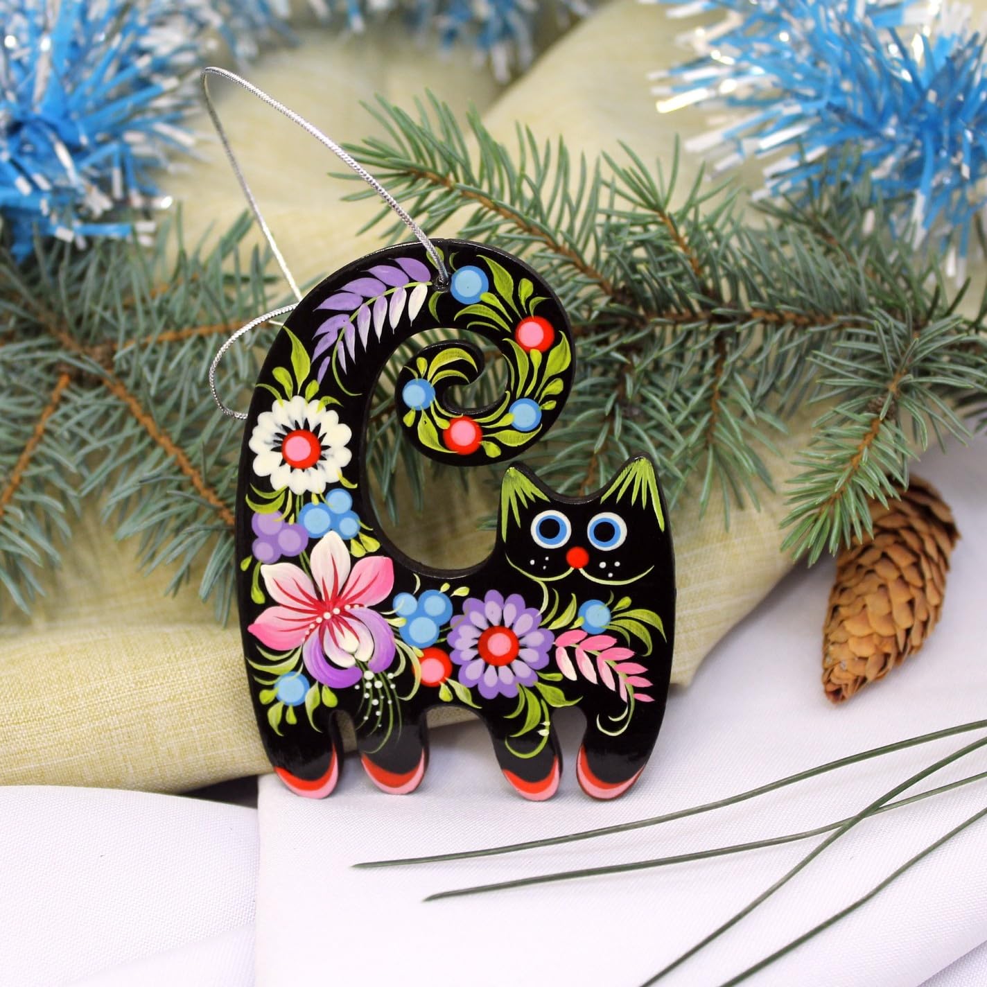 Black Cat Christmas Ornament Wooden Flat 3,3 ? 2,8 ? 0,2 Inch | 7 ? 8,5 ? 0,5 cm Floral Hand-painted on both Sides Cat lovers tr
