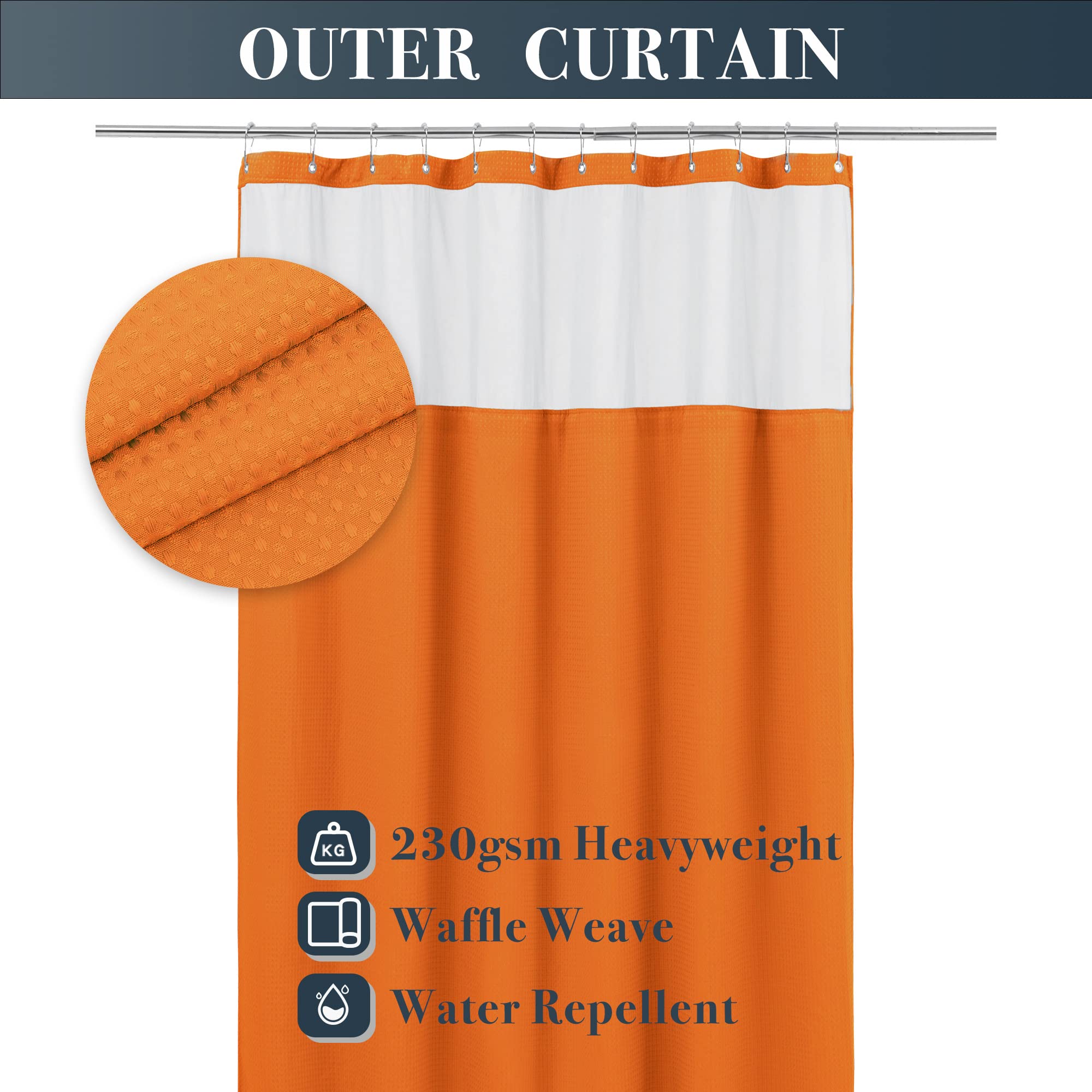 N&Y HOME Waffle Weave Shower Curtain with Snap-in Fabric Liner & 12 Metal Hooks Set - Hotel Style  Waterproof & Washable  Heavyweight Fabric & Mesh Top Window - 71x72  Orange