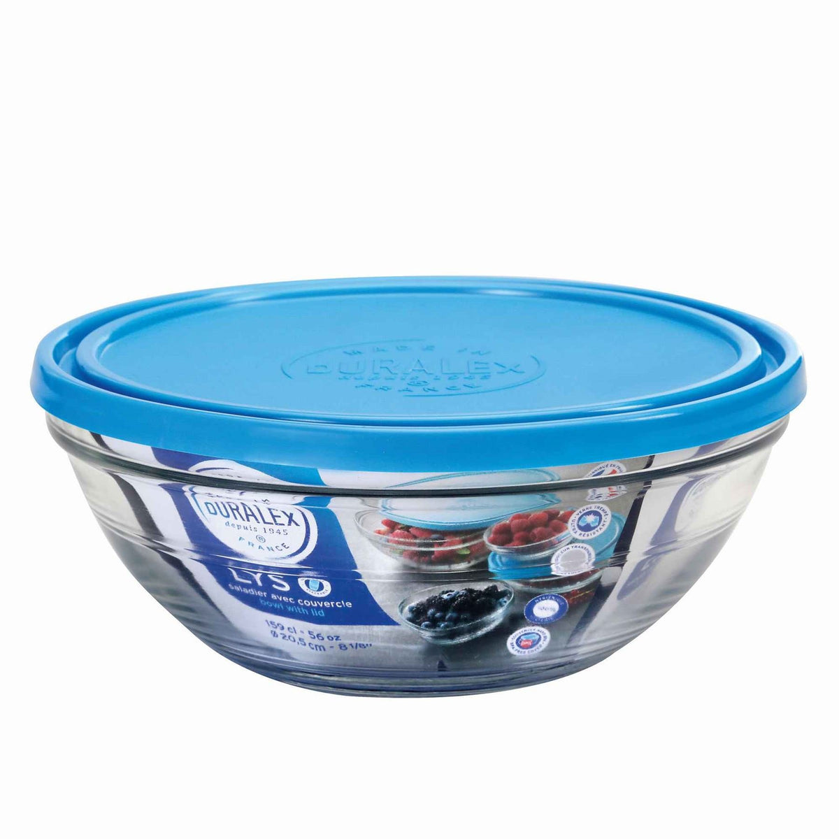 Duralex Made In France Lys Round Bowl With Lid, 1.5 Quart, Clear/Blue