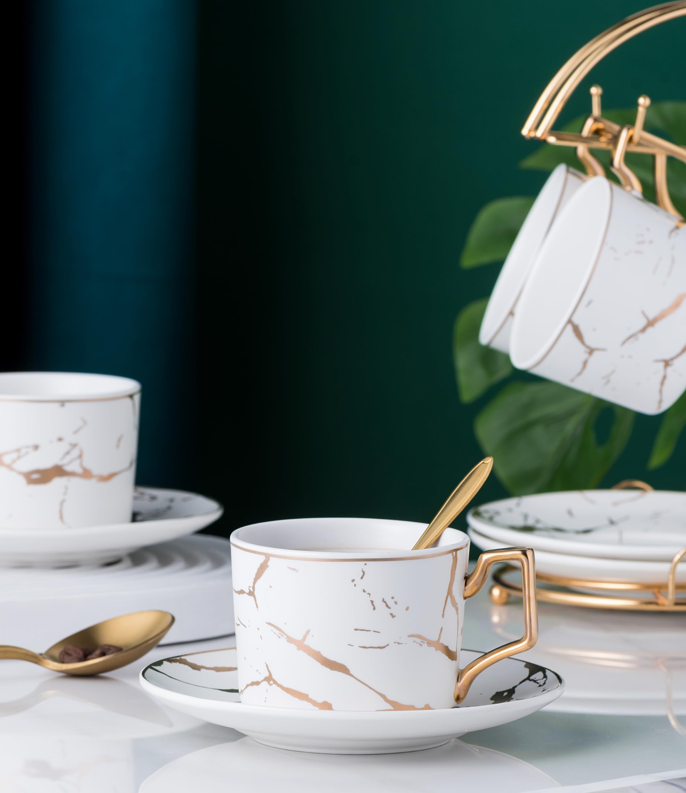 Jusalpha Serve Of 4- Hand Printed Golden Matte Ceramic Marble Tea Coffee/Tea Cups With Spoons And Cup Holder, 7Oz -Tcs26 (White/