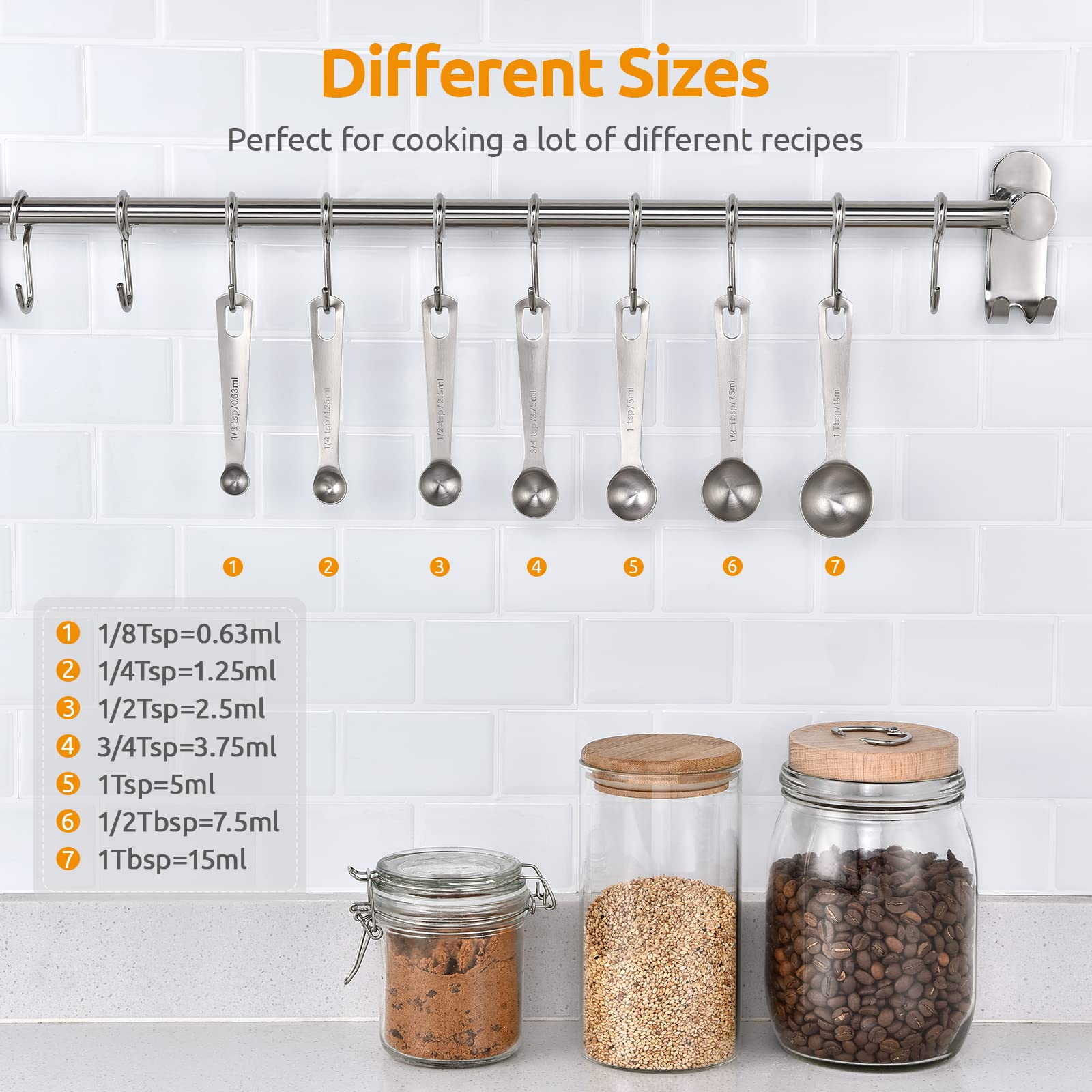 U-Taste Measuring Spoons Set of 7, 18/8 Stainless Steel, Silver - 1/8 to 1 tbsp for Dry & Liquid Ingredients, Model MC13