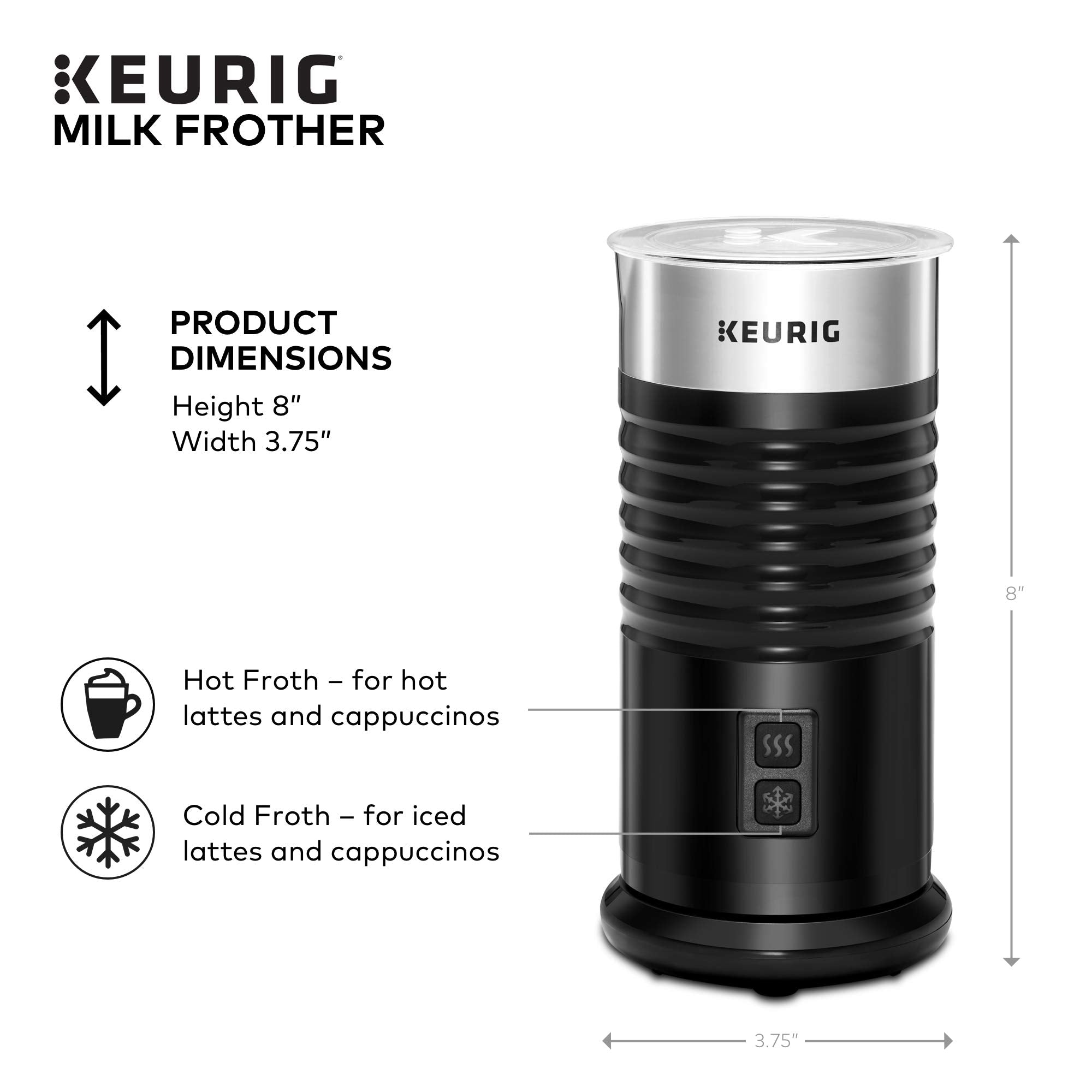 Keurig Standalone Frother Works Non-Dairy Milk, Hot And Cold Frothing, 6 Oz, Black