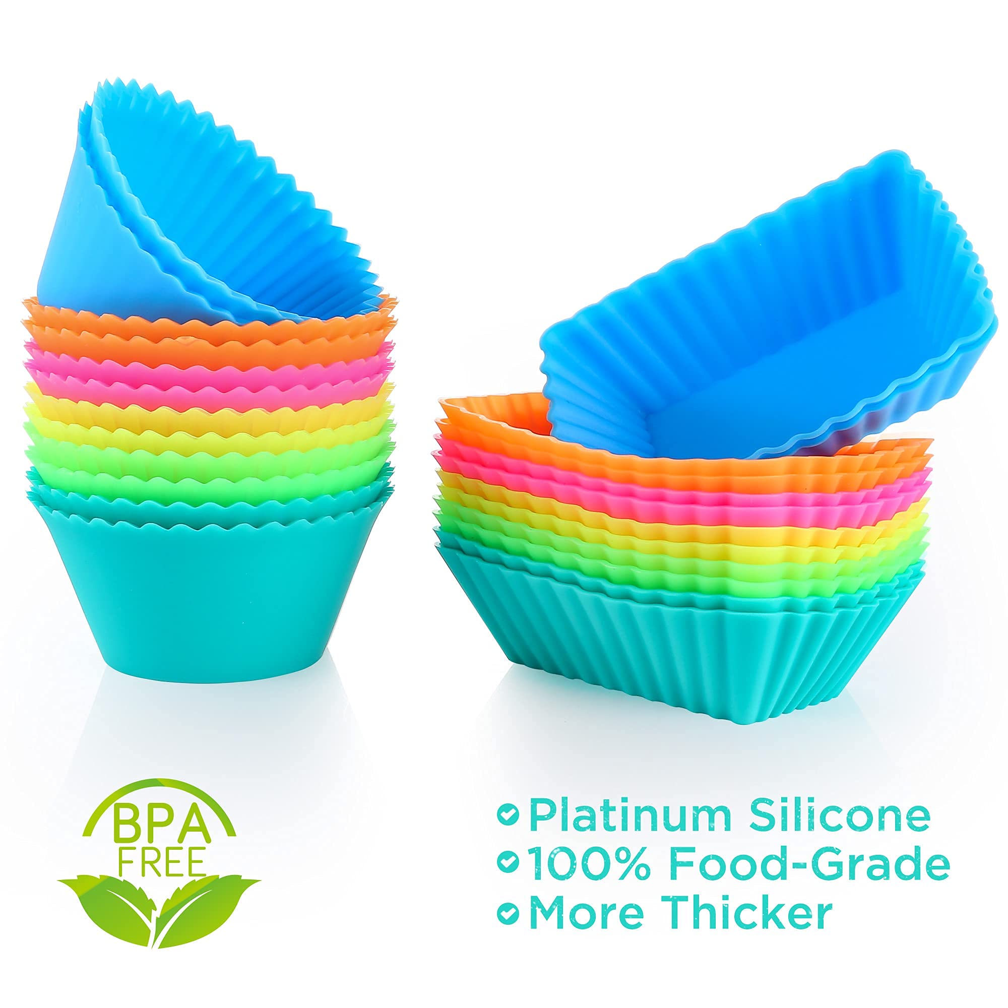 Ipow 24 Pack Silicone Cupcake Baking Cups Reusable Food-Grade Bpa Free Non-Stick Muffin Liners Molds Sets, 2 Shapes Round Rectan