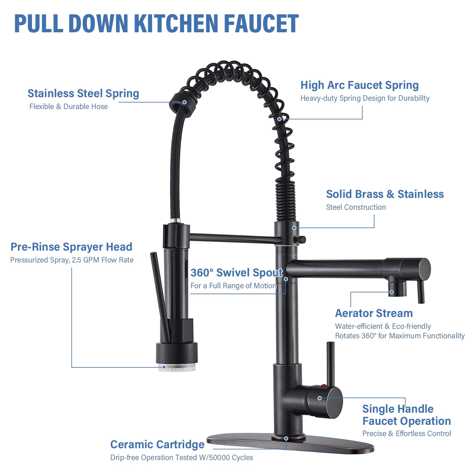 Pull Down Kitchen Sink Faucet with Sprayer Commercial Solid Brass Oil Rubbed Bronze Kitchen Sink Faucet with LED One Hole Or 3 Hole Faucet for Farmhouse