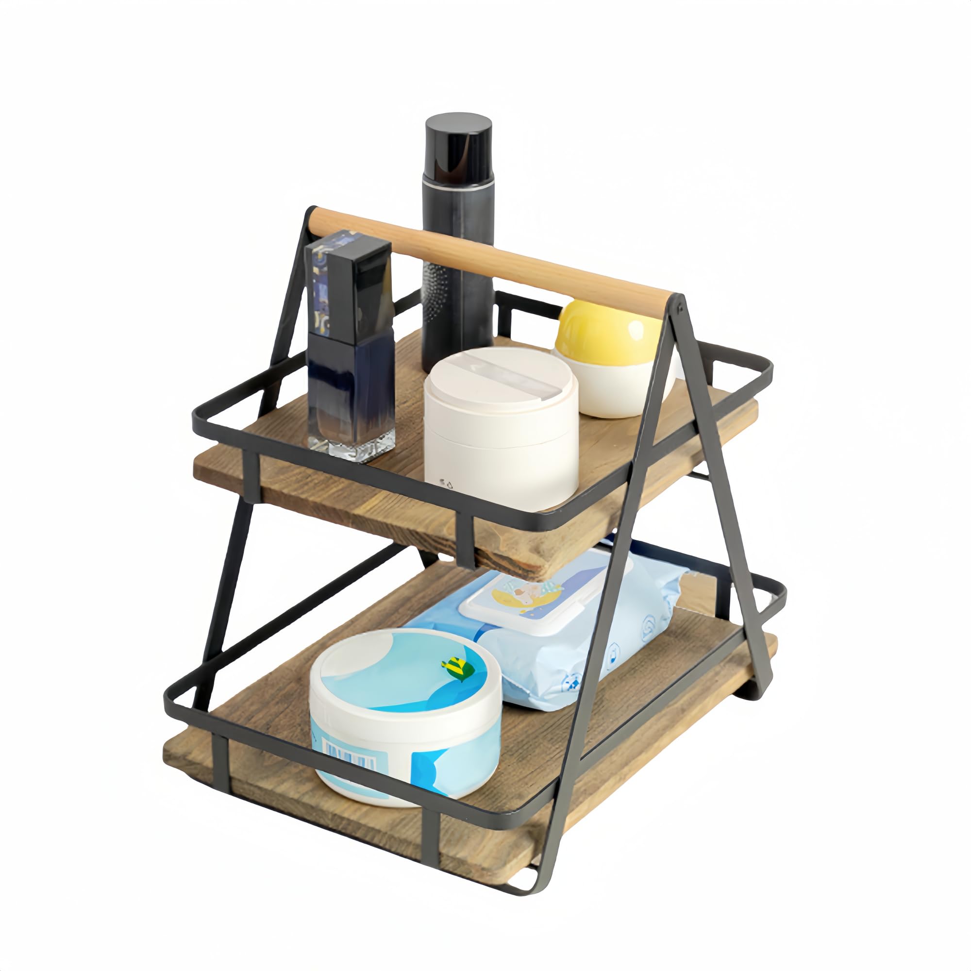 Tieyipin 2-Tier Metal Countertop Basket Organizer For Kitchen Storage And Display - Black Farmhouse Style With Wooden Handle