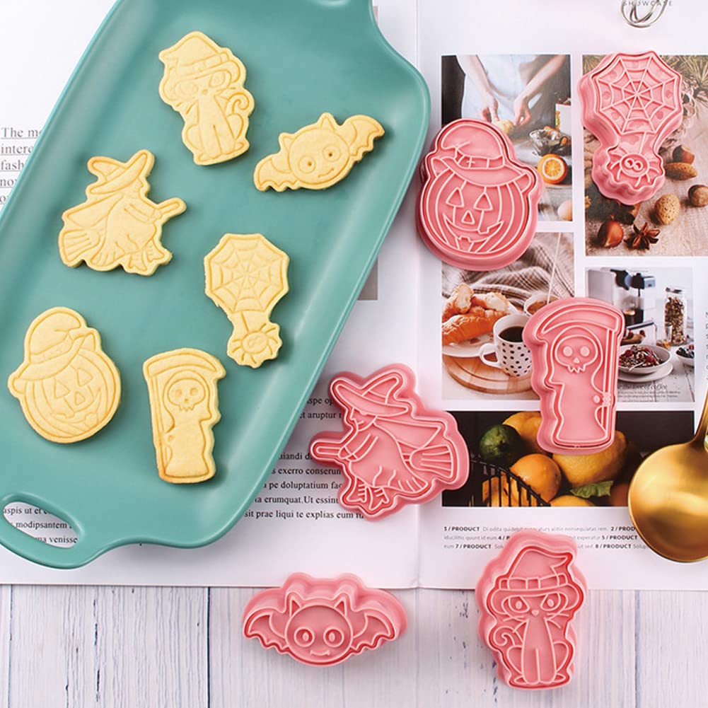 Guowall 6Pcs Halloween Cookie Cutters With Plunger Stamps Set 3D Cookie Stamps Funny Cartoon Biscuit Cutter For Baking Supplies