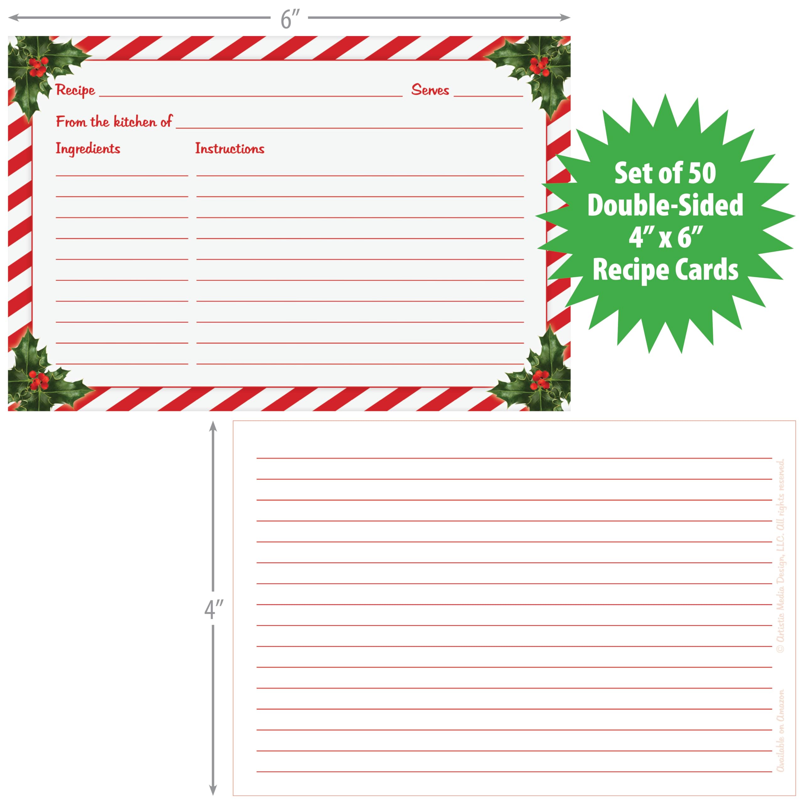 Christmas Recipe Cards (Set Of 50 Cards) | Double-Sided 4X6 Premium Holiday Recipe Cards With Holly Design | Made In Usa | Cooki