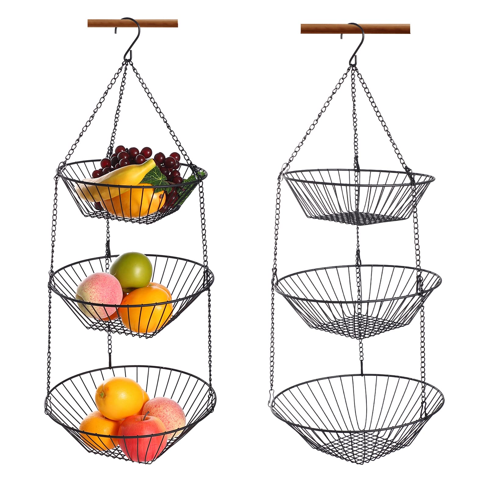 JUNCHU CHERRY 3Tier Wire Fruit Hanging Basket 2 Packs,nonPunching Wall Hanging Storage,Kitchen Bathroom Organization Basket,Su