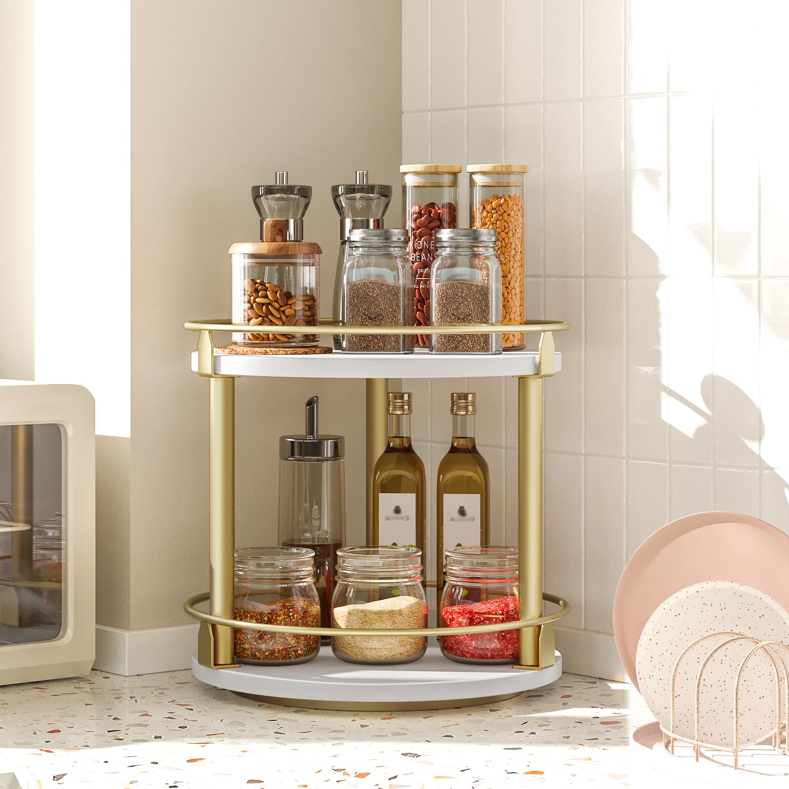 Yatiney Lazy Susan Organizer, Rotating Spice Rack, 2 Tier Spice Turntable Organizer, Industrial Turntable Spice Holder, For Kitc