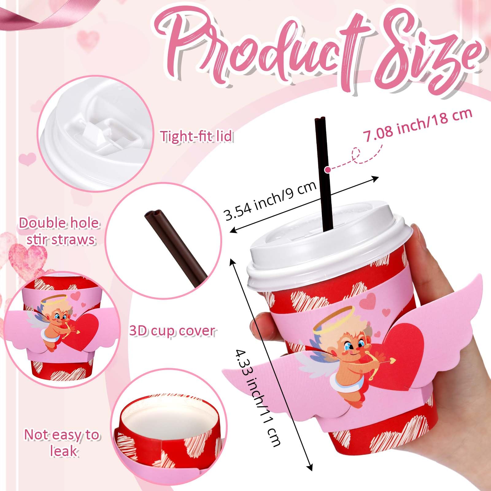 Lallisa 100 Sets Valentine'S Day Coffee Paper Cups Disposable With Lids Straws, Sleeve 12 Oz Holiday Lovely Love For Hot Cocoa T