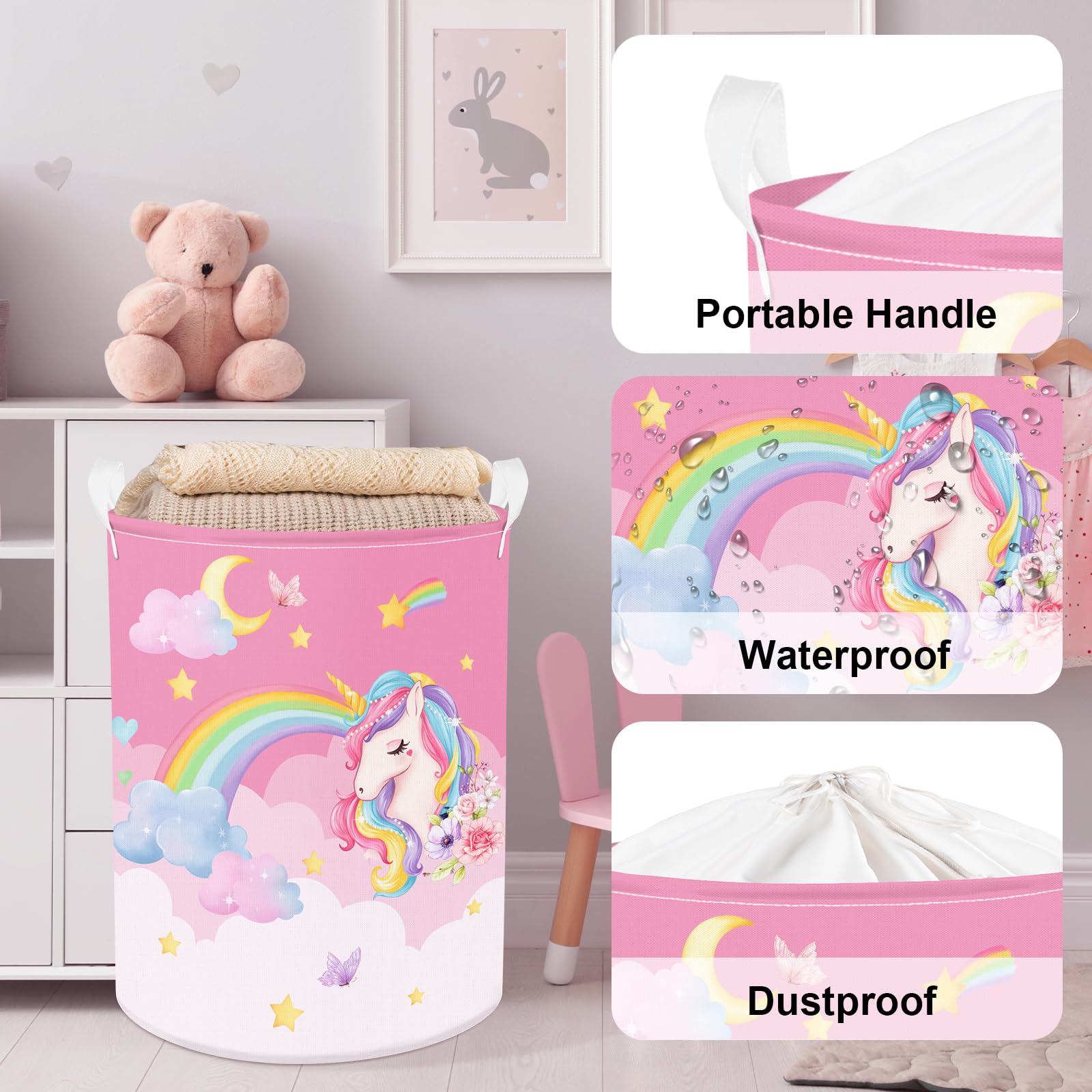 Clastyle 63L Unicorn Rainbow Collapsible Laundry Basket Large Pink Dirty Clothes Hamper For Girl Moon Star Flower Toy Storage Ba