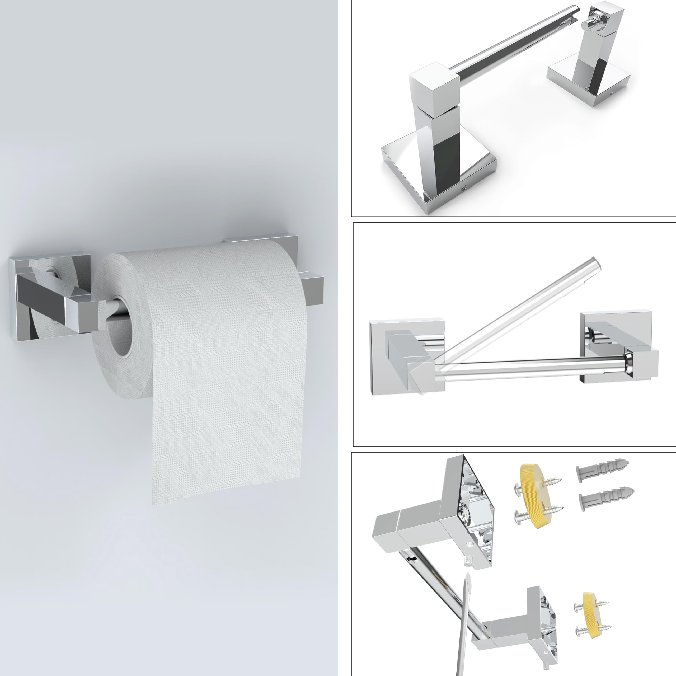 Ruacq Chrome Toilet Paper Holder Towel Ring Bathroom Accessories Hardware Set Double Post Pivoting Toilet Roll Holder Square Sta