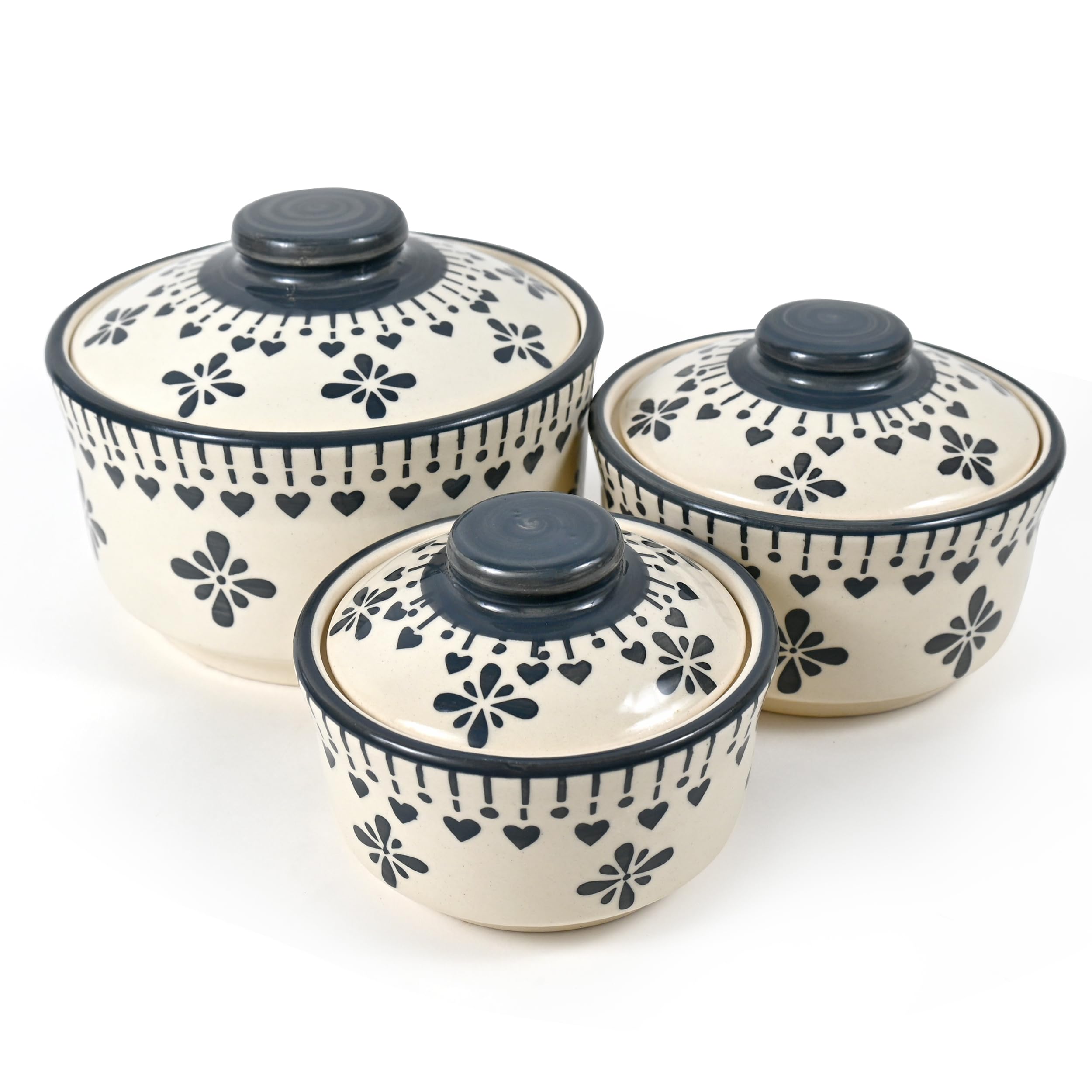 Shadowgreen- Ceramic Serving Donga Set With Lid - Gravy Donga Set - Dinner Bowl With Lid - (Set Of 3-750Ml 500Ml 250Ml) (Grey Jh