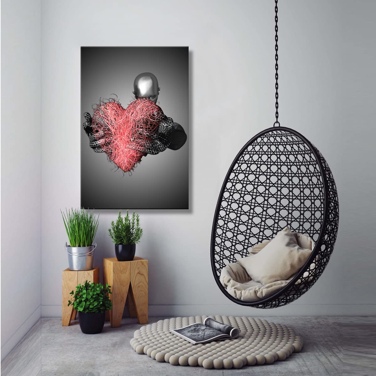 Framed 3 Pcs Love Heart 3D Wall Art Metal Sculpture Romantic Couple Hug Abstract Art Prints Posters Decor Grey Black And White C