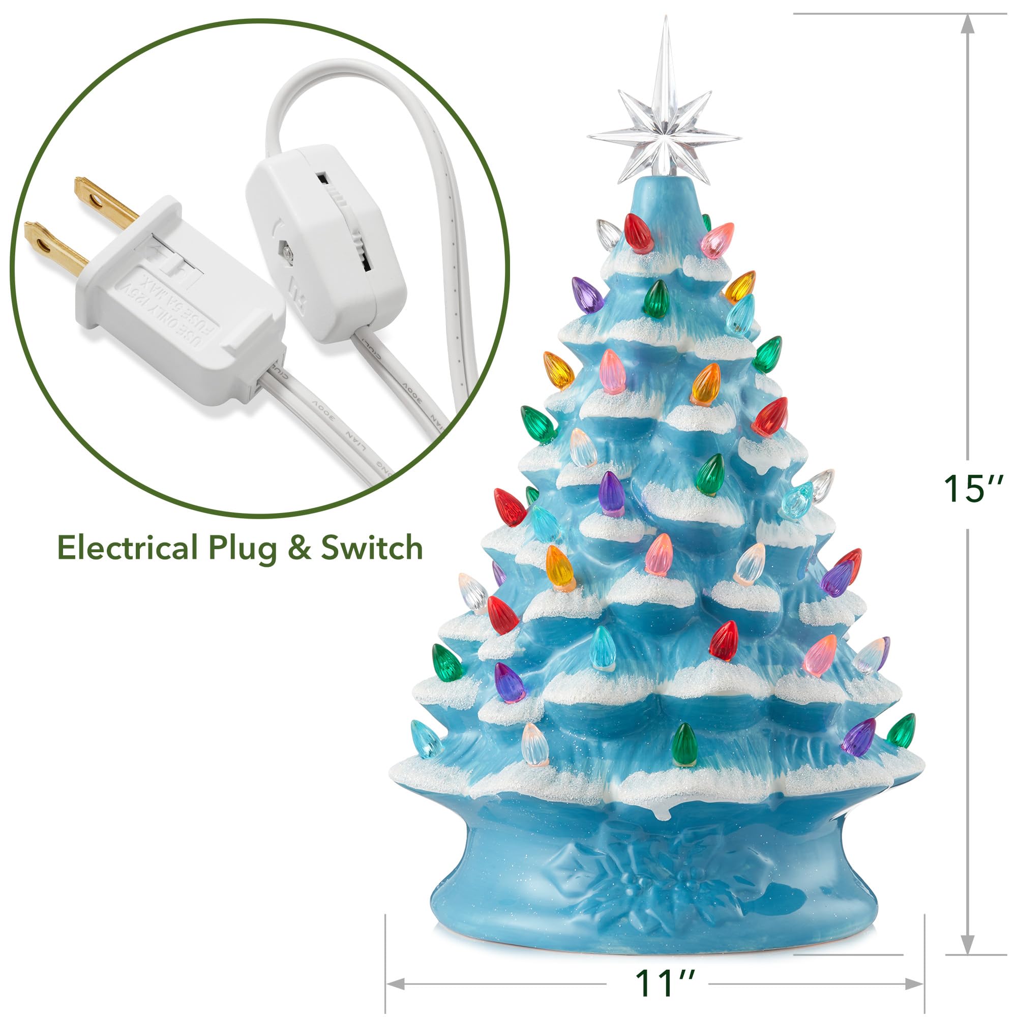 Casafield Hand Painted Ceramic Christmas Tree, Blue Snow Flocked 15-Inch Pre-Lit Tree with 128 Multi Color Lights and 2 Star Top
