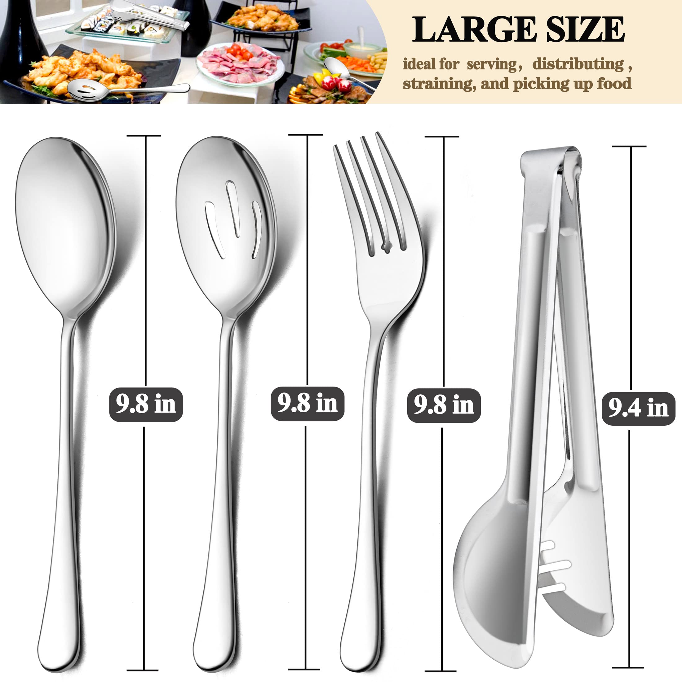 Lianyu 12-Piece Large Serving Utensils Set, Include 9.8 Inch Slotted Serving Spoons And Forks, 9.4 Inch Serving Tongs, Stainless