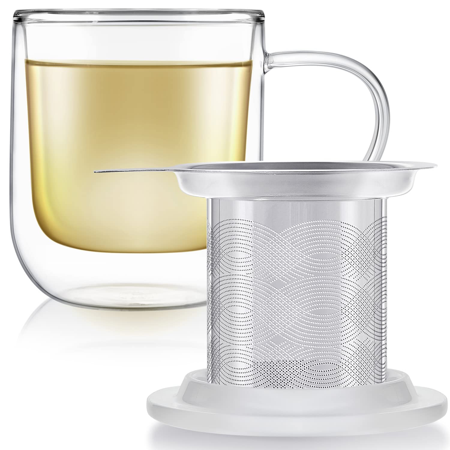 Teabloom Tea-For-One Steeping Mug - Insulated Double Wall Glass Mug (12 Oz), Stainless Steel Infuser, Porcelain Lid/Coaster - Ra