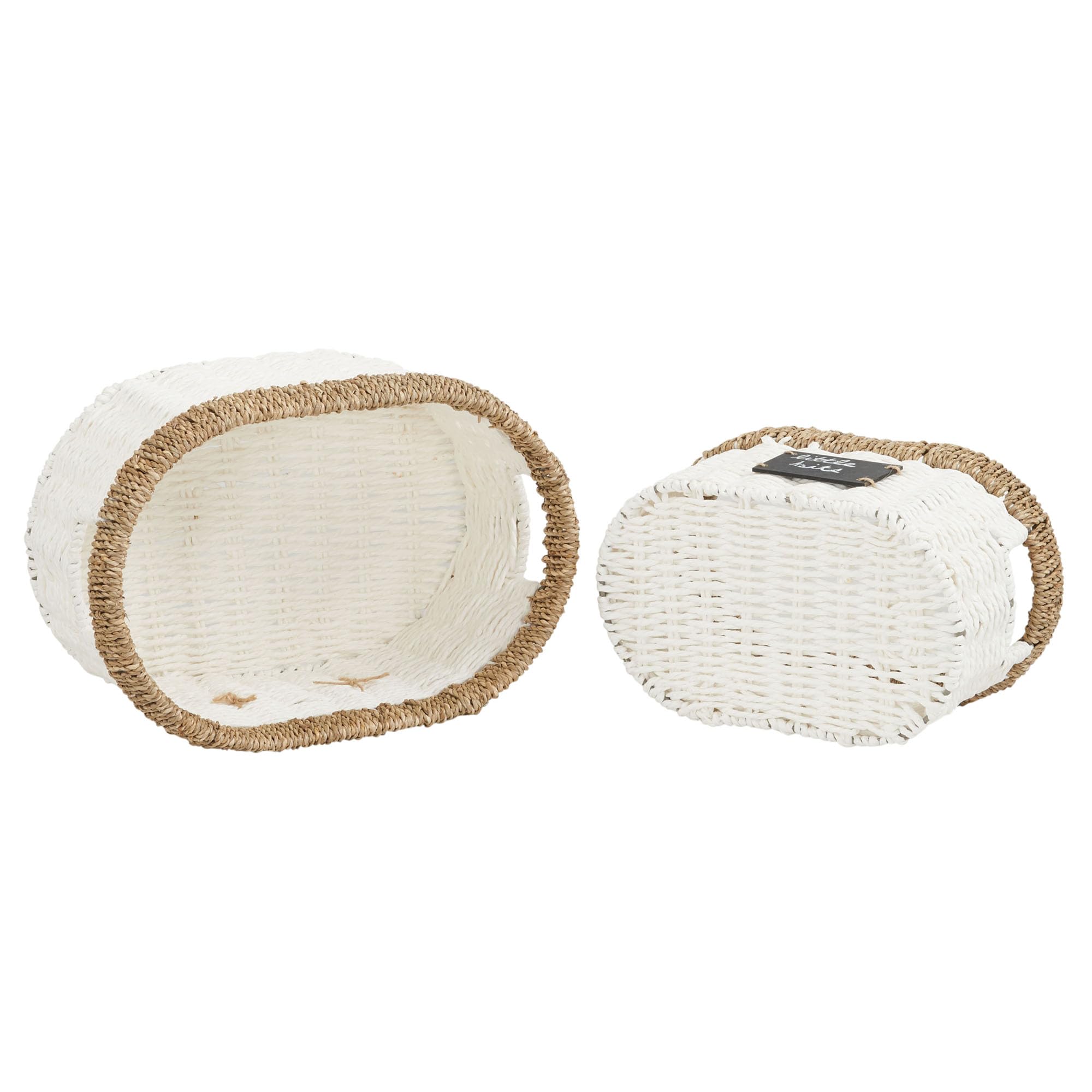 Household Essentials Natural Rim Oval Set Paper Rope And Seagrass (2 Piece) Small Wicker Basket, White