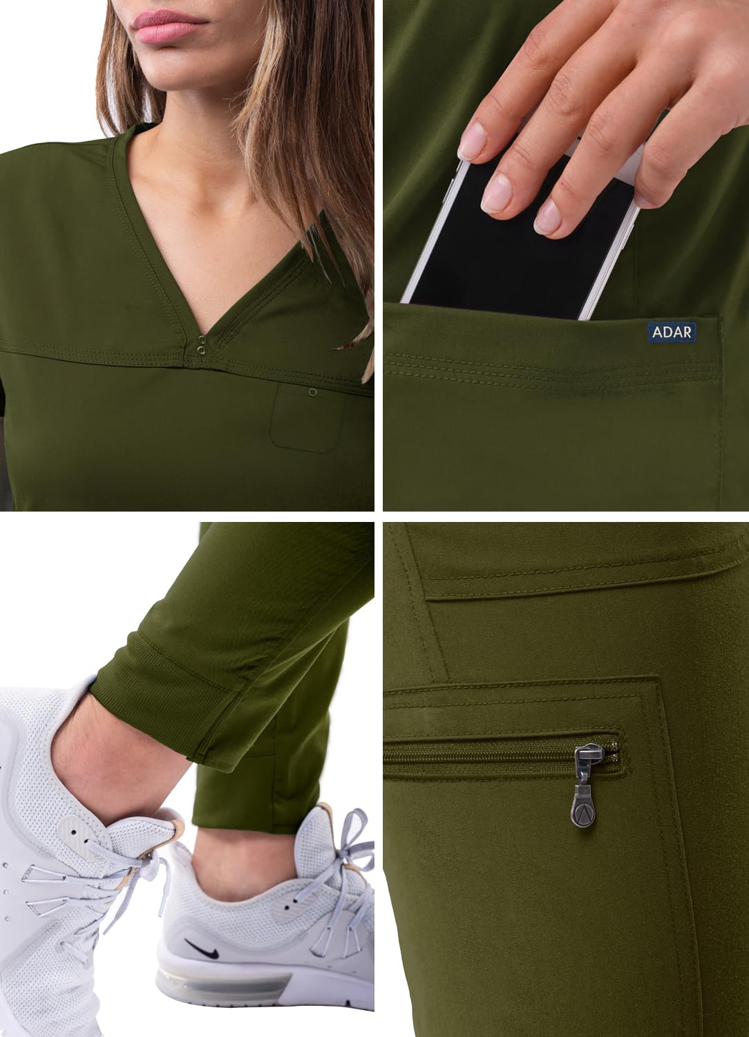 Adar Pro Movement Booster Scrub Set For Women - Sweetheart V-Neck Scrub Top  Yoga Jogger Scrub Pants - P9400 - Olive - L