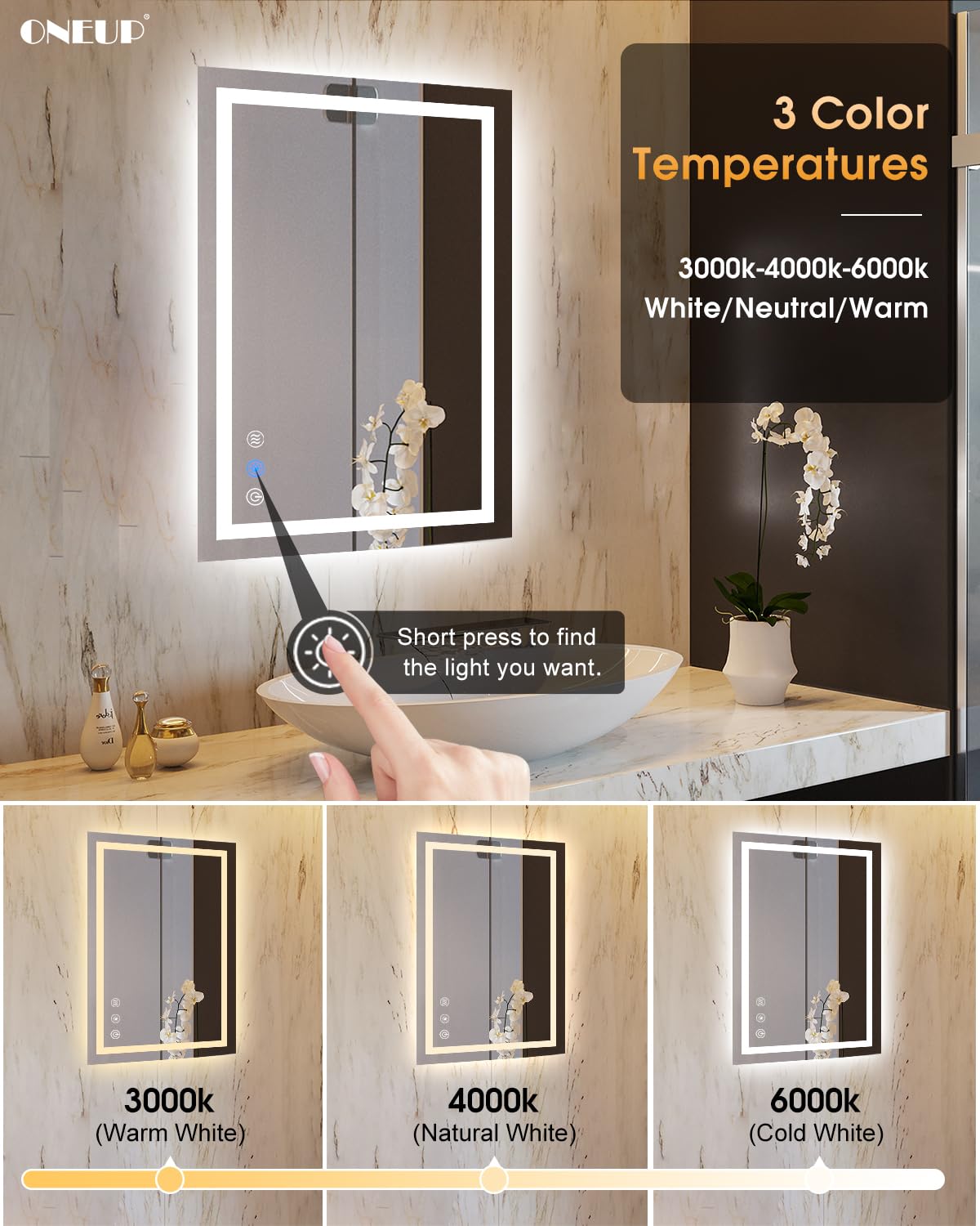 Oneup 24''X36'' Bathroom Mirror With Lights,Front Lighted Bathroom Mirrors For Wall,Anti-Fog Smart Vanity Mirror,Touch Button An