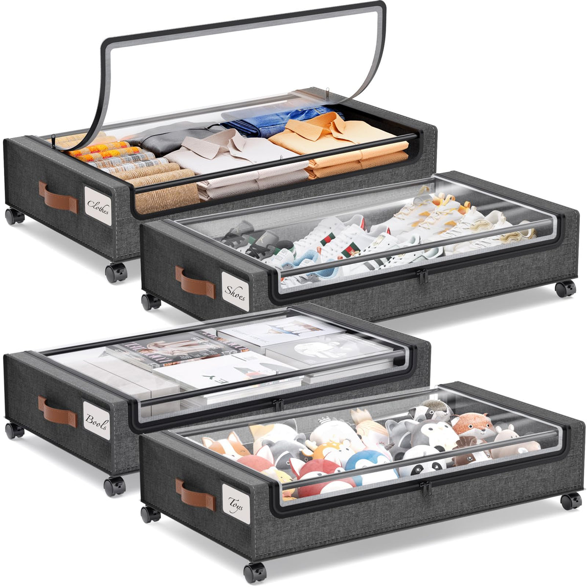 Yecaye Under Bed Storage with Wheels, 4 Pack Large Under Bed Rolling Storage with Clear Window & Label, Under Bed Storage Contai