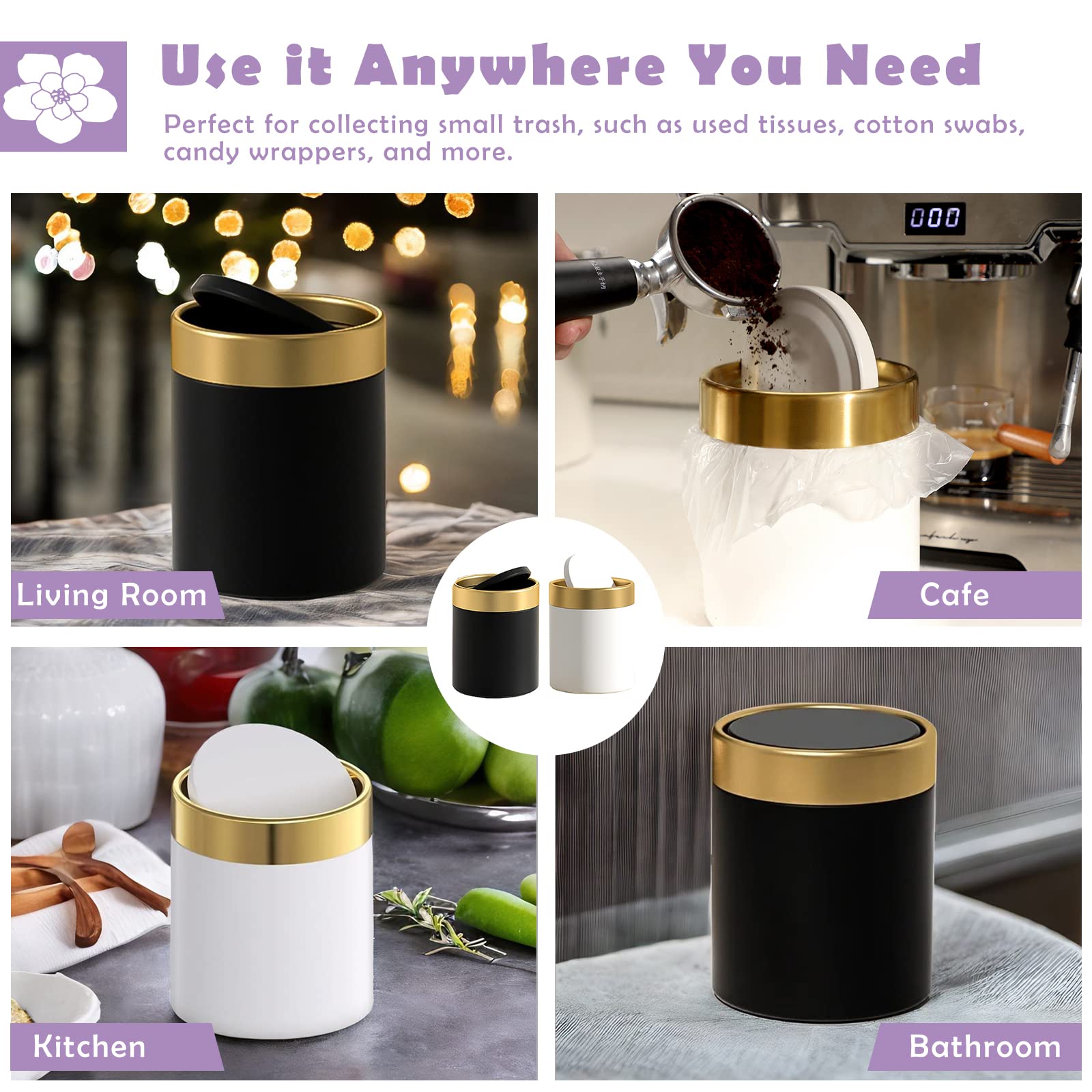 Jillick Mini Trash Can, Metal Tiny Garbage Bin For Desk, Countertop, Coffee Bar, Makeup Vanity, 0.4 Gallon, White