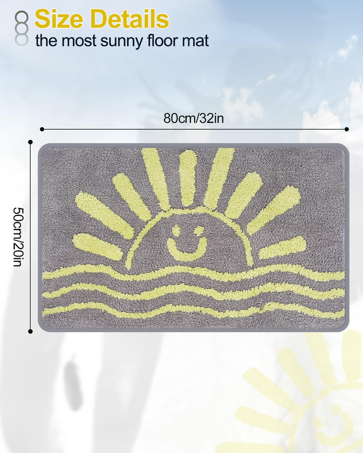 Bathroom Rugs Mat Rectangle 32''  20'' - Cute Sun Smile Fun Grey Green Yellow Boho Bath Mats Non Slip, Soft Absorbent Microfiber