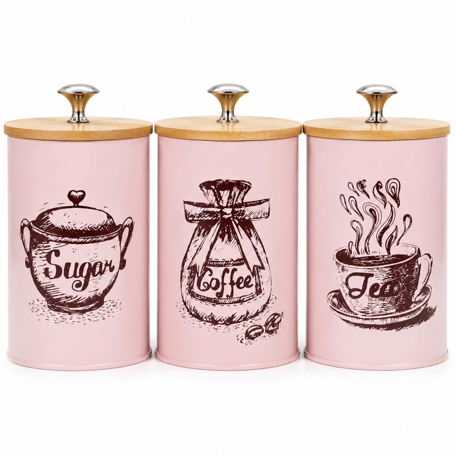 Rasoiware Tea Coffee Sugar Jar Canister, Containers For Kitchen Set Of 3  Airtight Lid To Store Dry Food Spices (Pink, 750 Ml)