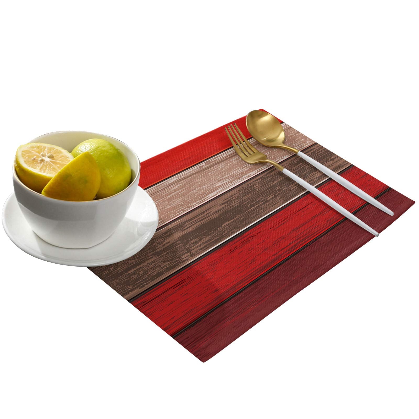 Vandarllin Christmas Red Brown Placemats Set Of 6, Retro Rustic Barn Wood Texture Polyester Stain Resistant Table Mats Washable