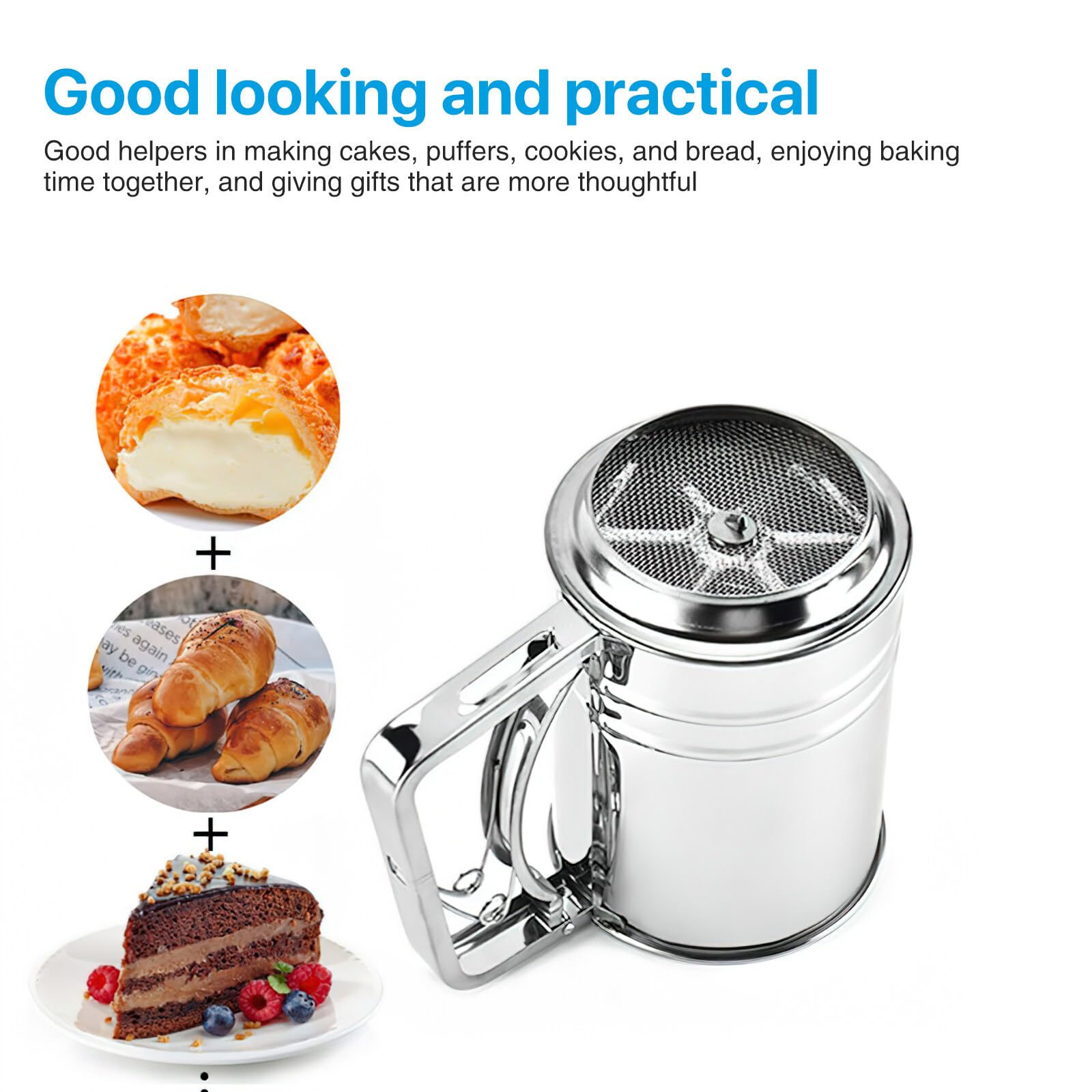 Flour Sifter For Baking, 304 Stainless Steel 3 Cup Flour Sieve Fine Mesh Screen Powder Sifters For Quick Sifting, Double-Layer S