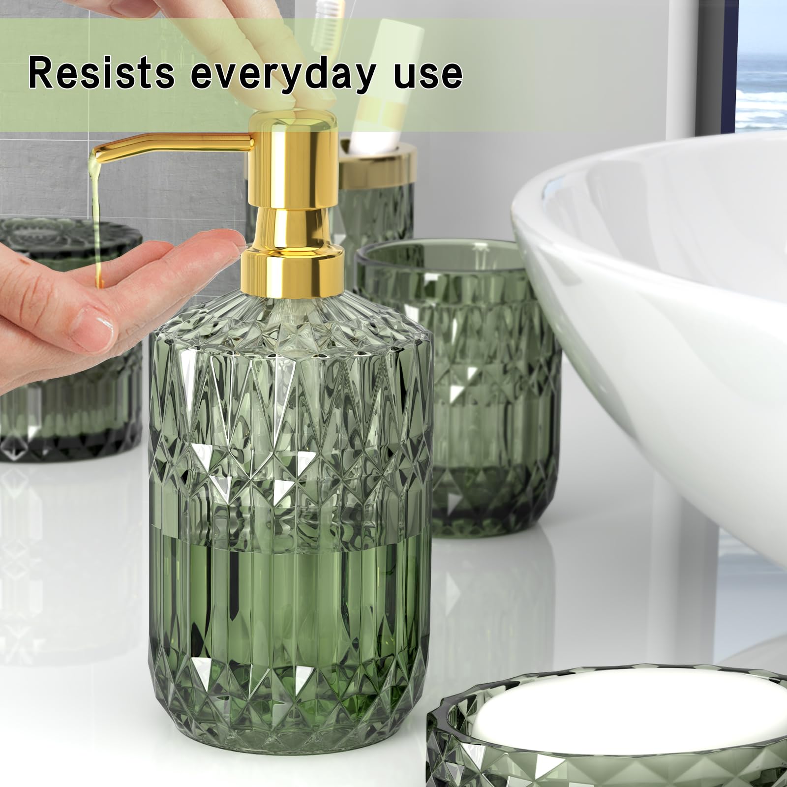 Green Bathroom Accessories Set, 5 Pcs Clear Glass Bathroom Accessories Sets With Lotion Soap Dispenser, Soap Dish, Toothbrush Ho
