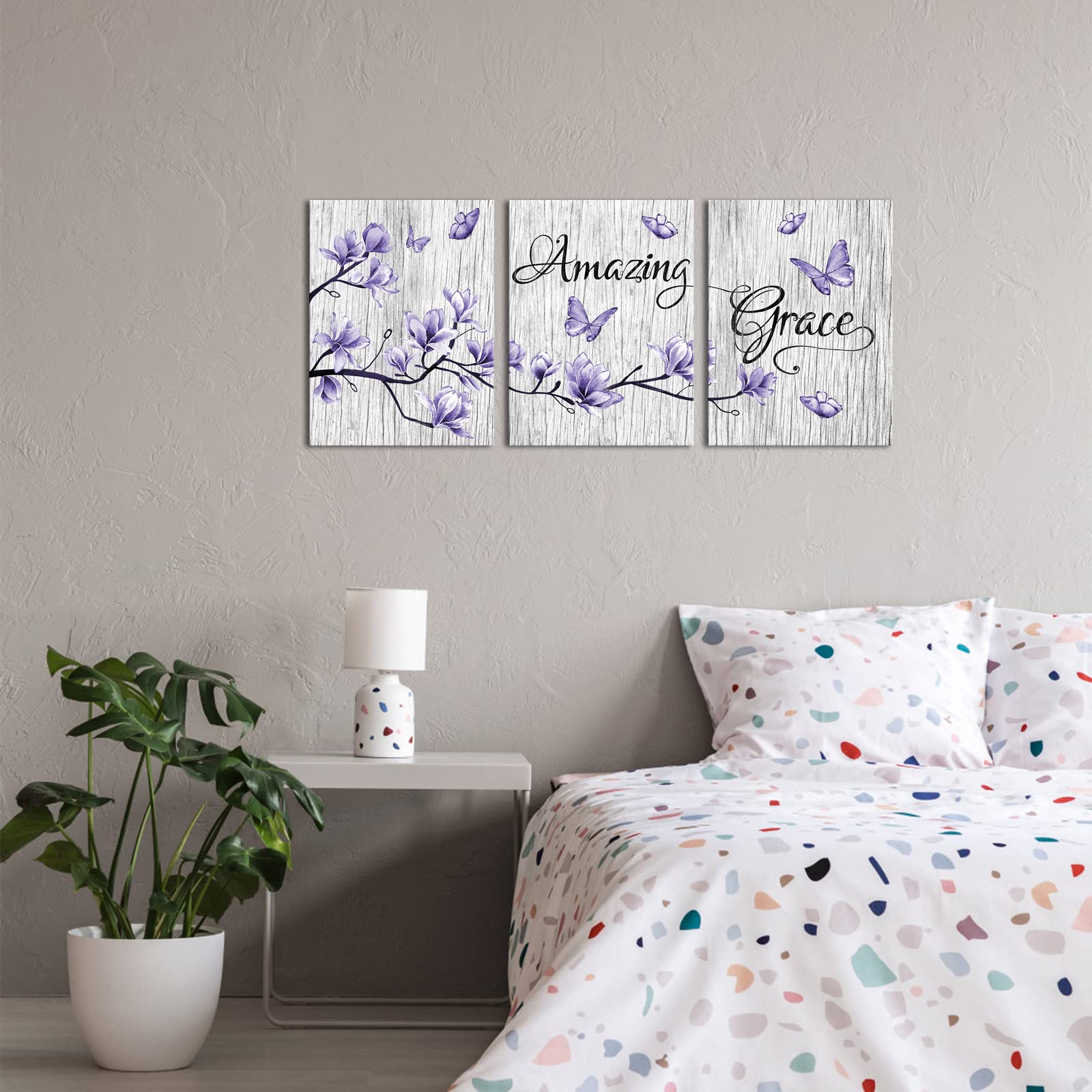 Visual Art Decor Purple Wall Decor Abstract Flowers And Butterfly Painting Purple Canvas Wall Art Amazing Grace Print Bathroom B