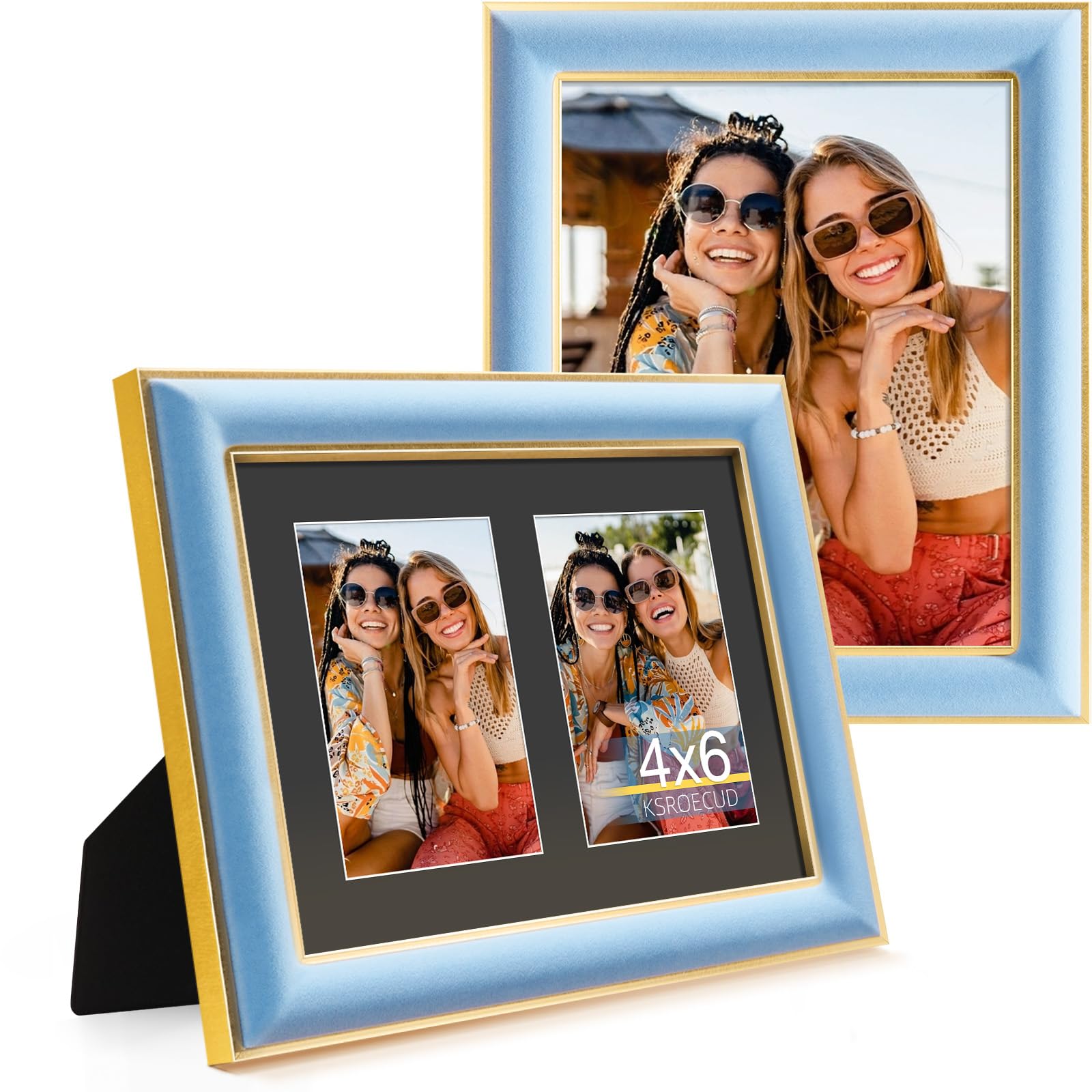 KSROECUD 8x10 Velvet Picture Frame with 2 Opening 4x6 Picture, HD Real Glass Spruce Blue Velvet Photo Frame with Black White Bor