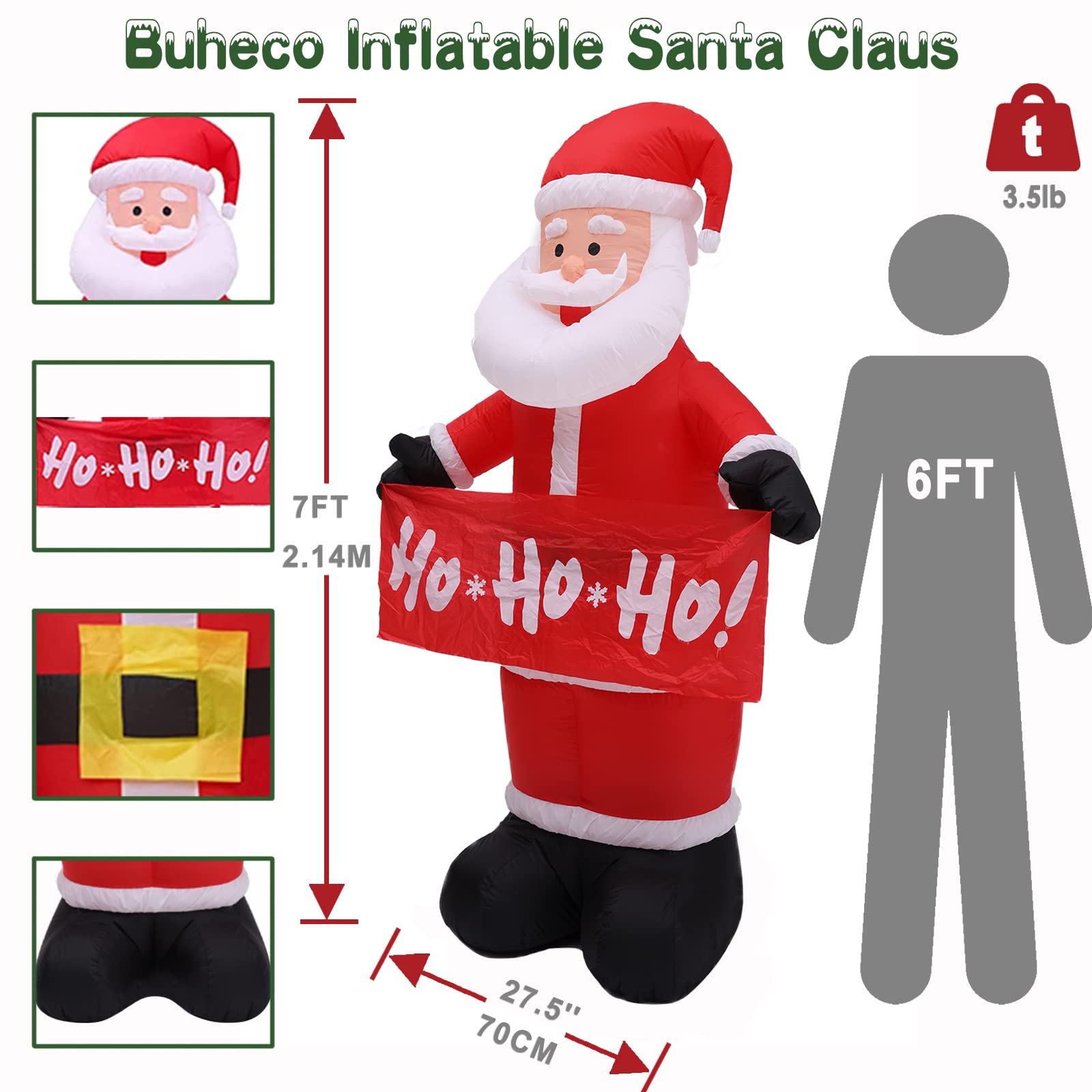Buheco Christmas Inflatables Outdoor Decorations, 7FT Tall Inflatable Santa Claus Giant Blow Up Xmas Yard Decor with LED Lights