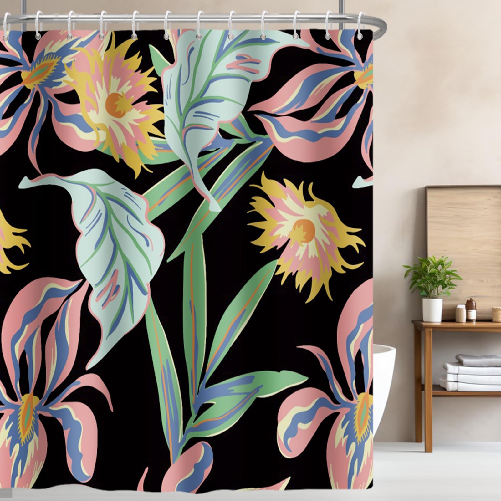 Riepoiia Black Floral Print Shower Curtain For Bathroom, Waterproof Boho Fabric Bathroom Curtains Washable Tropical Plants Showe