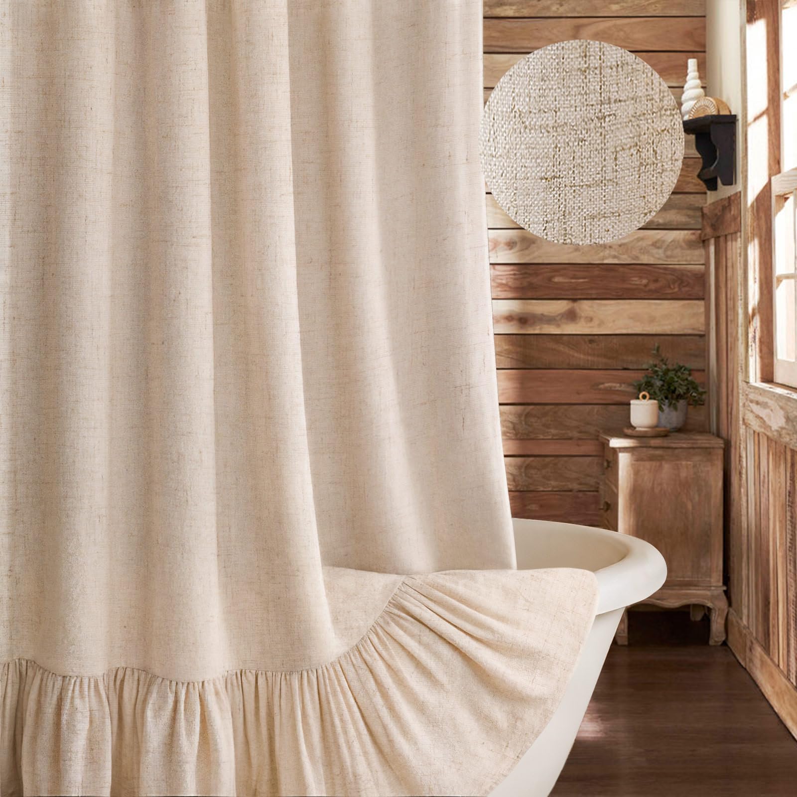 Xoguibo Farmhouse Shower Curtain With Ruffle Hem Linen Beige Shower Curtains For Bathroom Boho Country Rustic Natural Fabric, 72