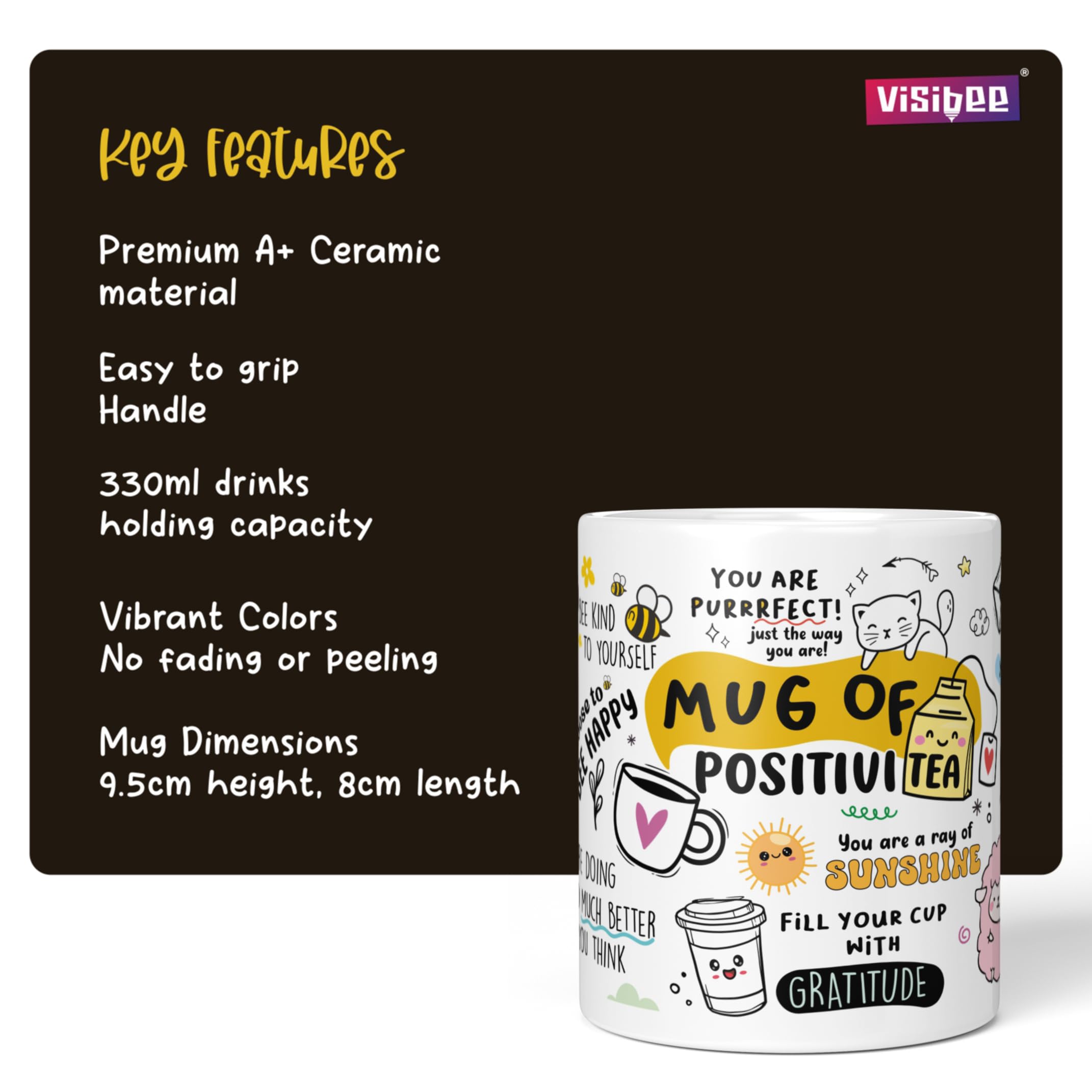 Visibee Mug Of Positivity  Motivational Coffee Mug 330Ml, Positivity Gifts For Men, Women, Boss, Coworkers  White Ceramic With U
