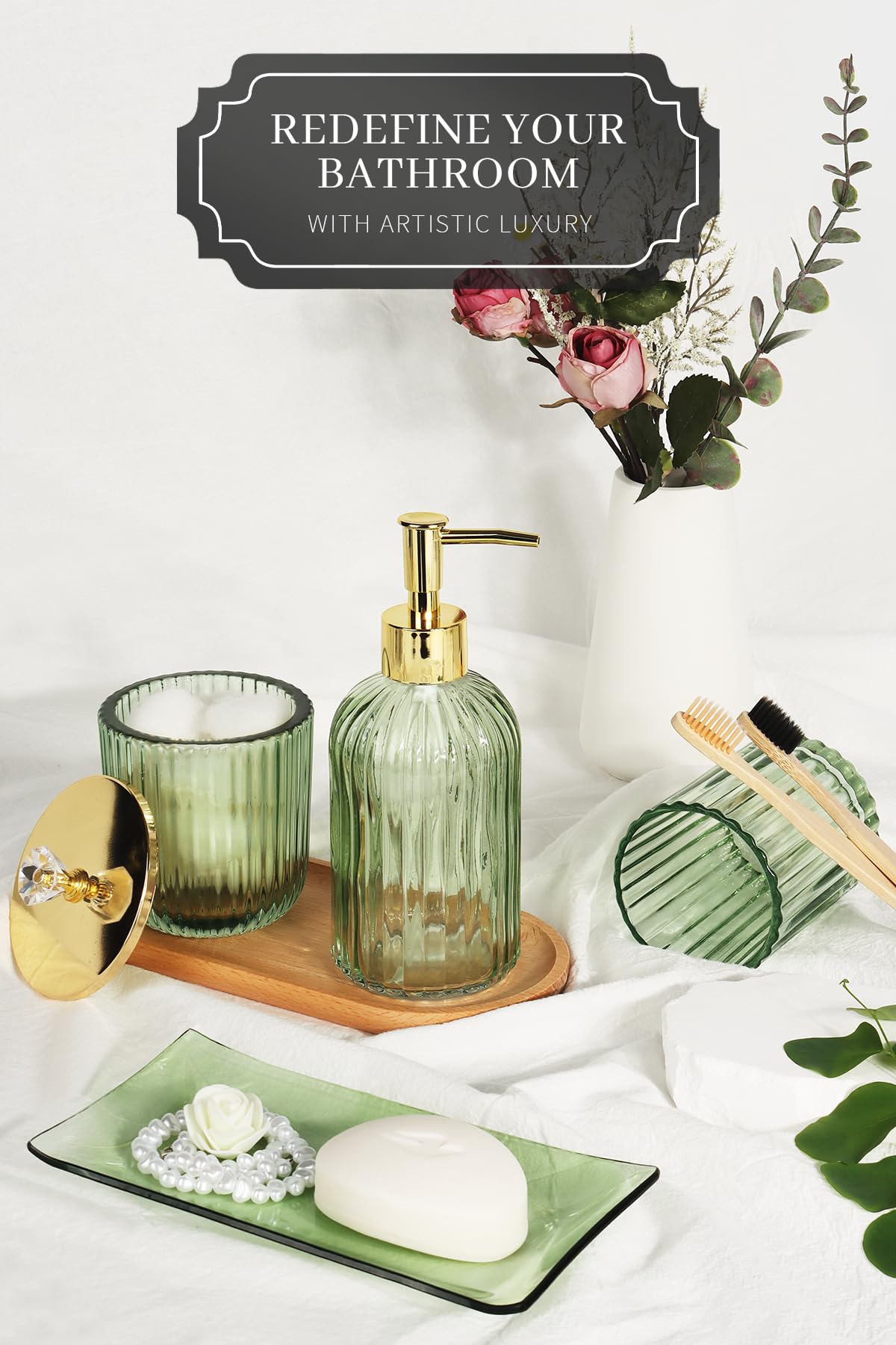 Designer Green Glass Bathroom Accessories Sets - 4 Pcs With Lotion Soap Dispenser, Bathroom Toothbrush Holder, Vanity Tray, And