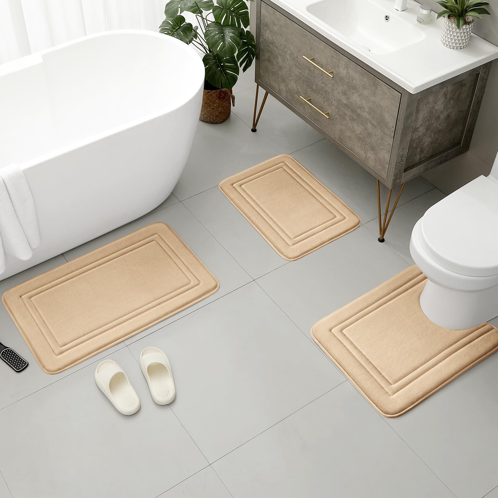 Bysure Beige Memory Foam Bath Mat, Non Slip Extra Soft Absorbent Machine Washable, Bathroom Rugs Sets 3 Piece For Toilet Shower
