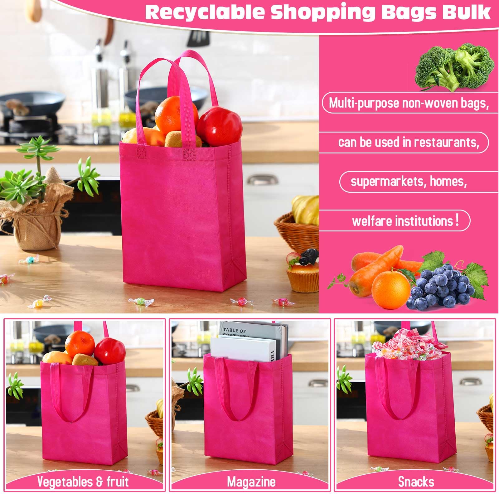 Windyun 50 Pcs Reusable Tote Bag Bulk 8 x 4 x 10 Inch Non Woven Shopping Bag with Handle Christmas Reusable Grocery Gift Tote(Ro