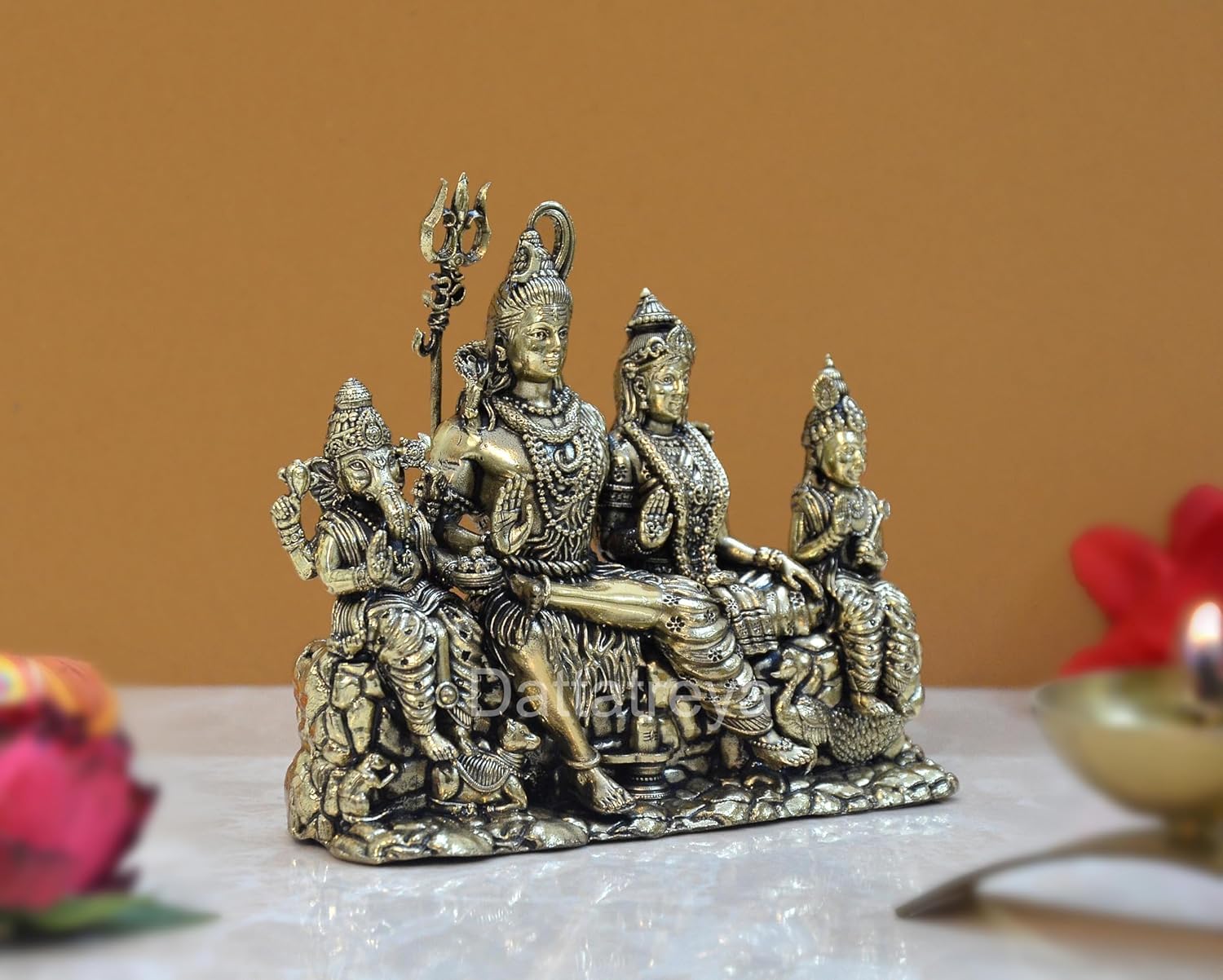 Dattatreya Bronze Shiv Parivar Shiva Family Idol Family For Home Decor Mandir Pooja Showpiece (Height 3.5 Inch)