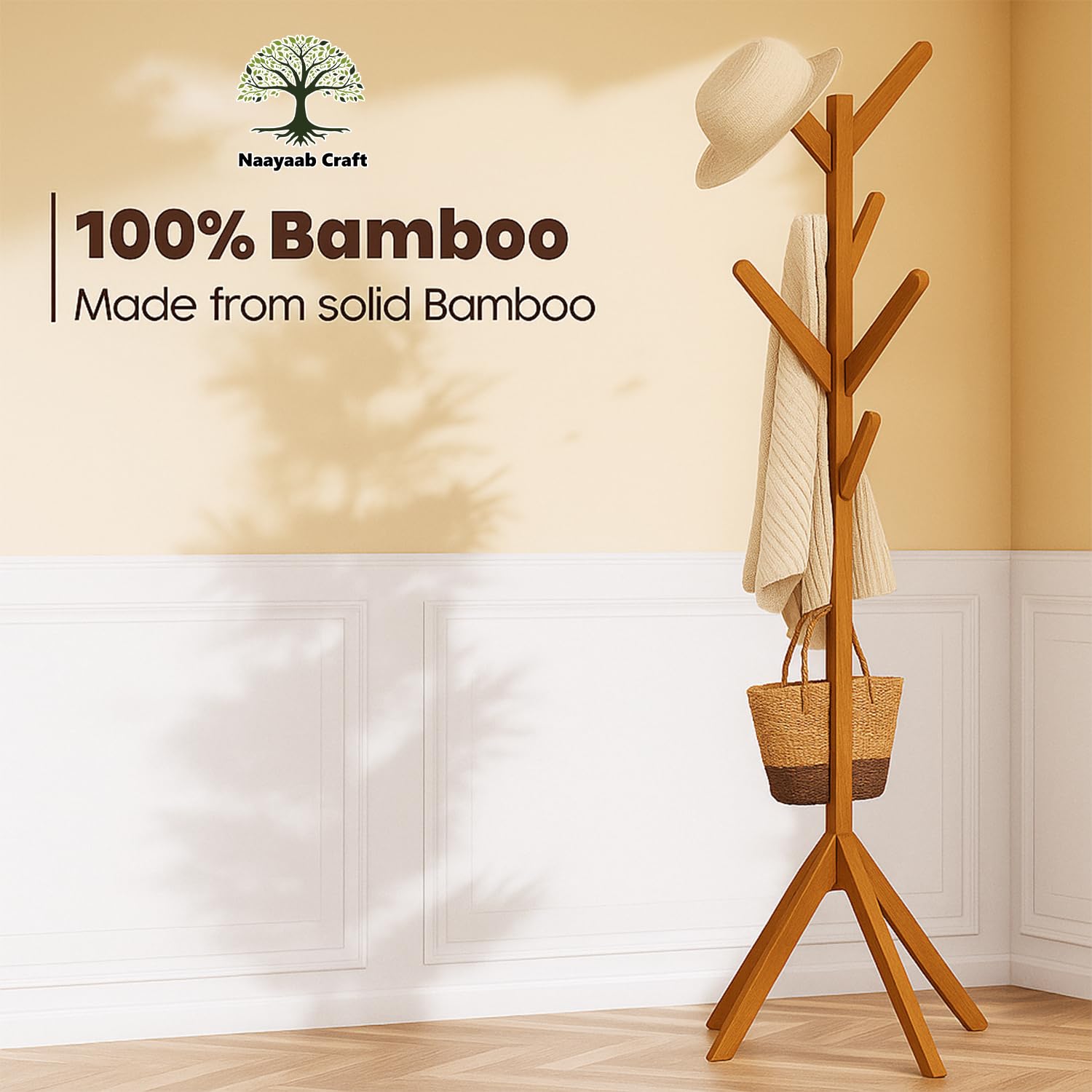 Naayaab Craft Coat Racks Coat Stand Free Standing With 8 Hooks Organize Hats Scarves, Clothes, Handbags For Entry Hallway Bedroo