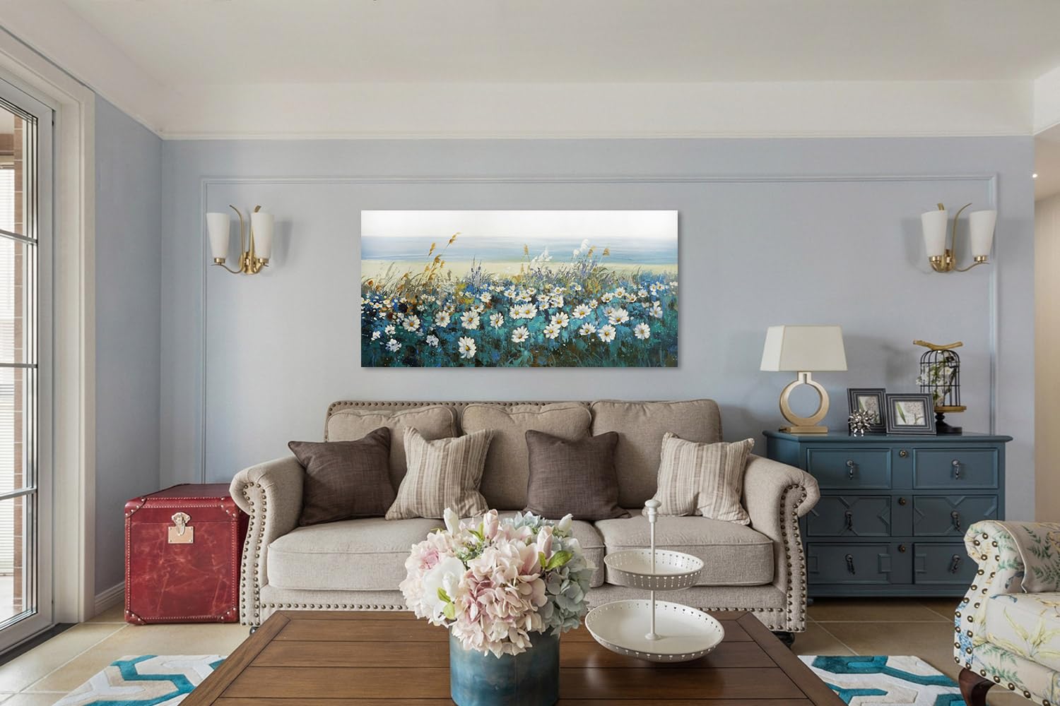 Arjun Flowers Wall Art Canvas White Daisy Floral Painting Blue Coastal Landscape Picture, Modern Extra Large Size Framed Artwork