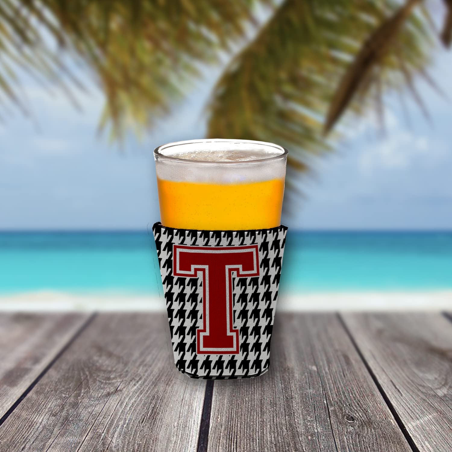 Monogram - Houndstooth  Initial  T Red Solo Cup Beverage Insulator Hugger CJ1021T-RSC