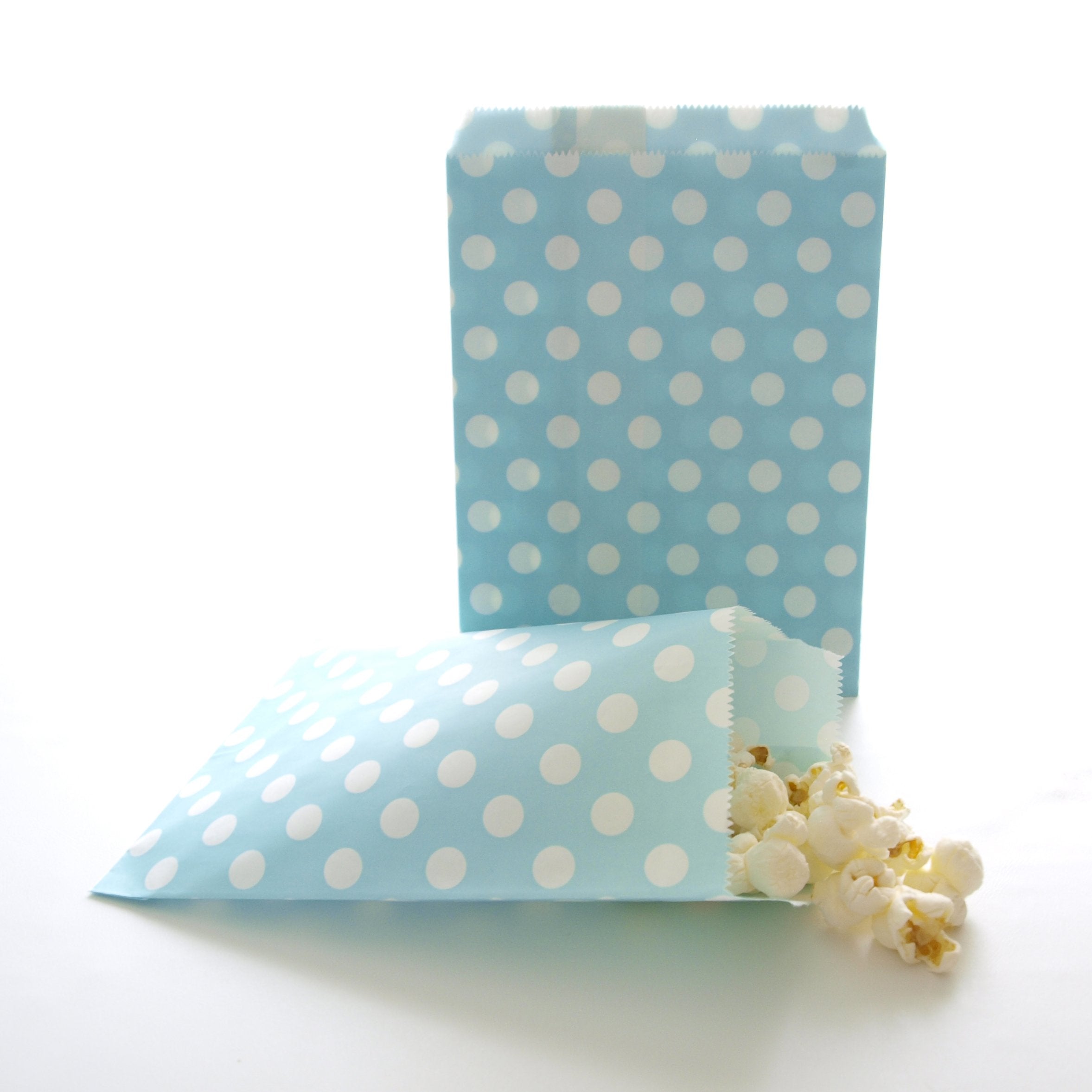 Food With Fashion Light Blue Polka Dot Paper Goodie Bags (25 Pack)-5X7 Party Favor Bags