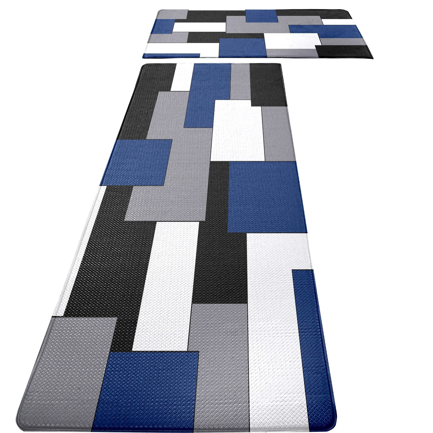 Fnlndo Blue Black Grey White Kitchen Rugs And Mats Set Of 2 Modern Abstract Art Cushioned Anti Fatigue Kitchen Rugs Set Geometri