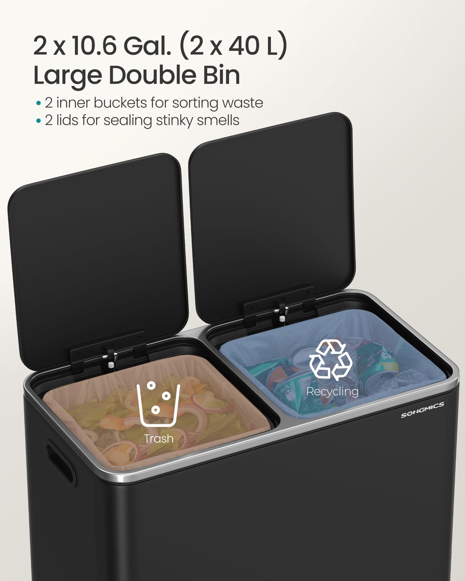 SONGMICS 2 x 10.6 Gallon Trash Can with Hinged Lids, 15 Bags, Black, Stainless Steel & Plastic, Model ULTB730B80